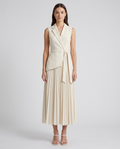 Women's Belted Pleated Sleeveless Blazer Maxi Dress in beige, front view