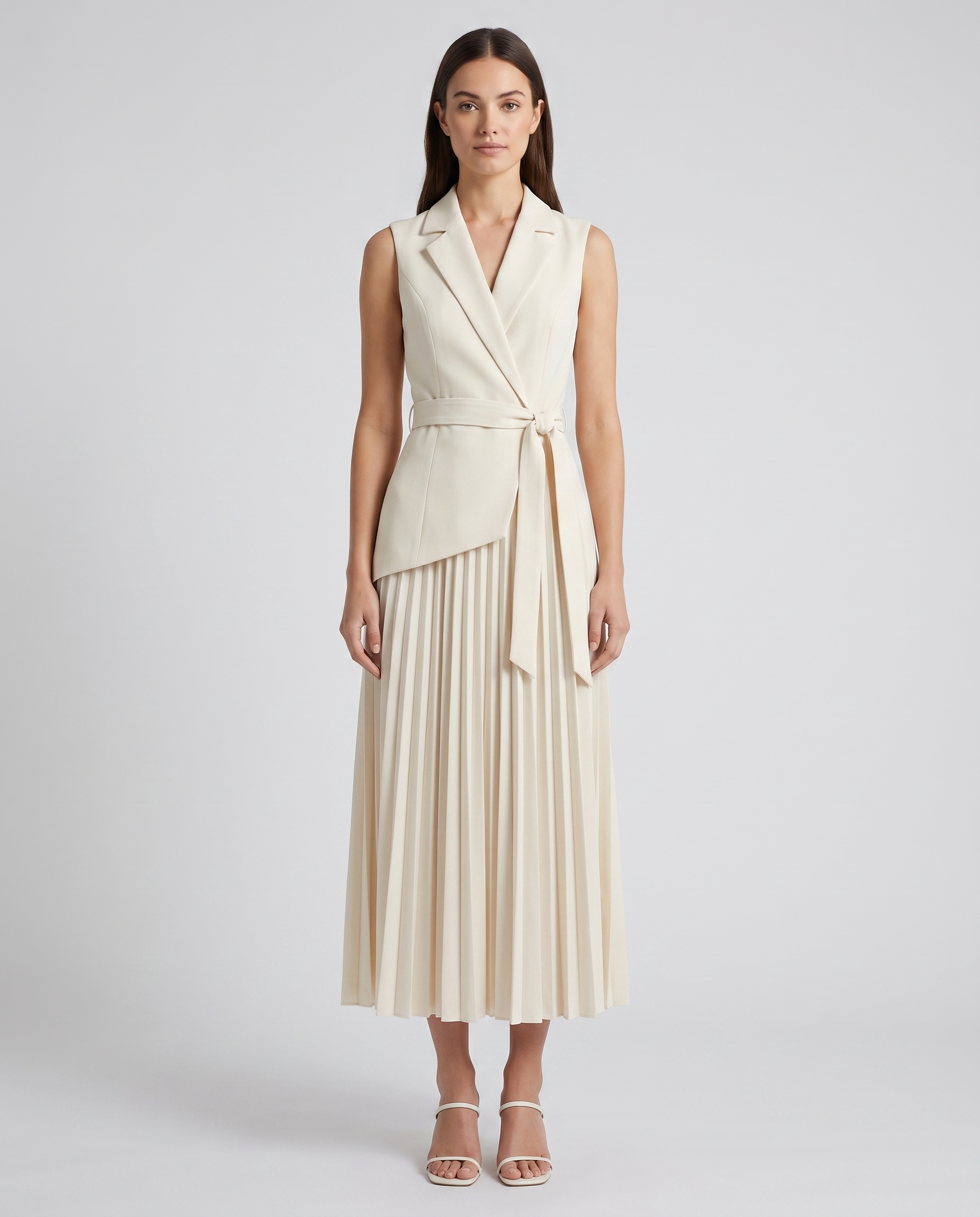 Women's Belted Pleated Sleeveless Blazer Maxi Dress in beige, front view