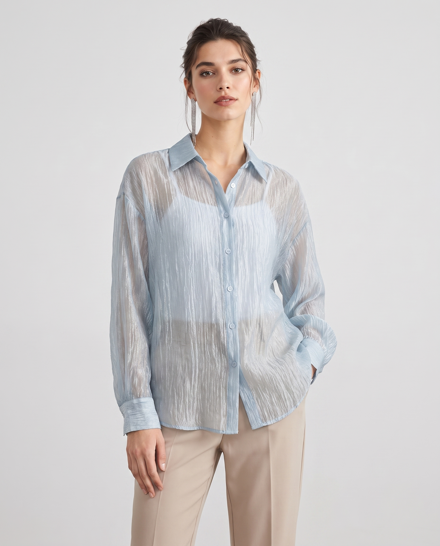 Women's semi-sheer collared long-sleeve button blouse, front view