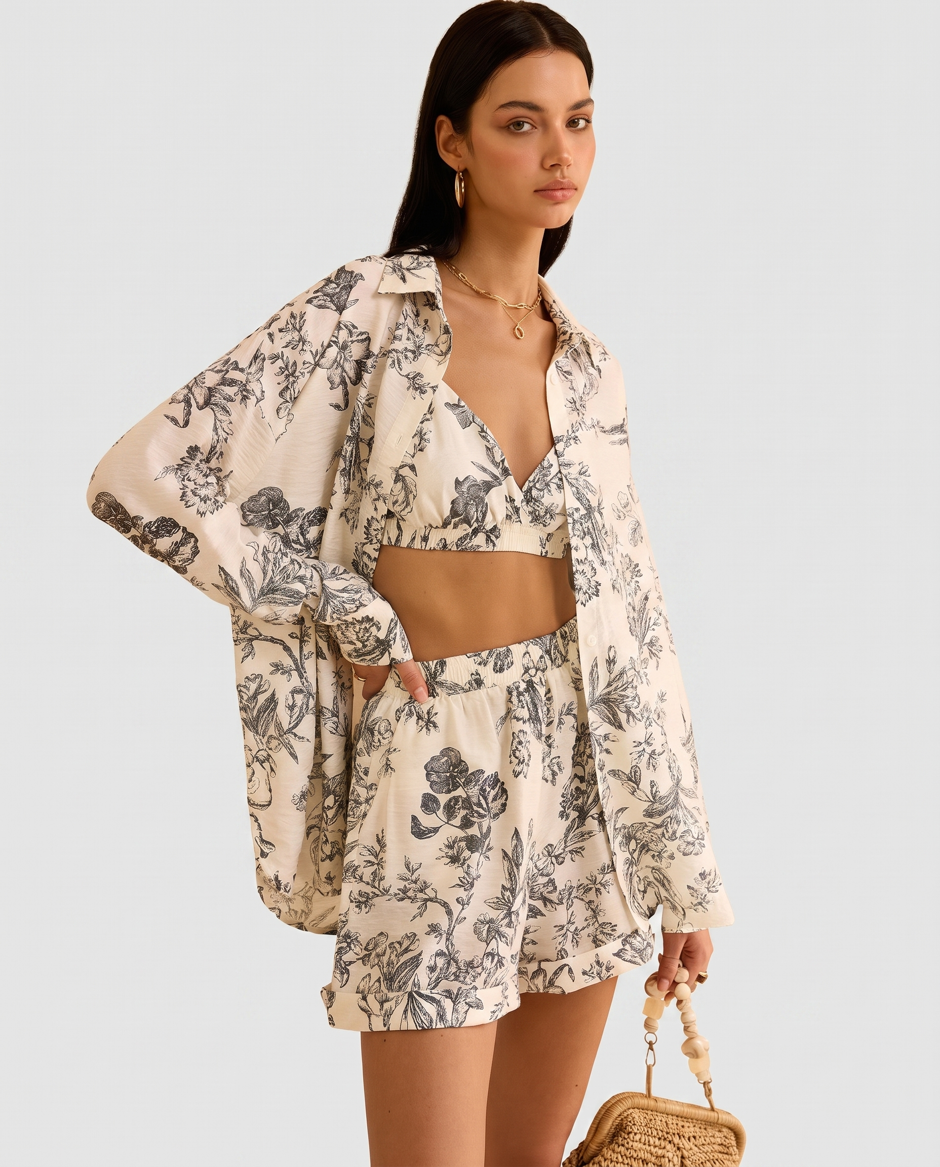 Women's floral print three-piece set, front view