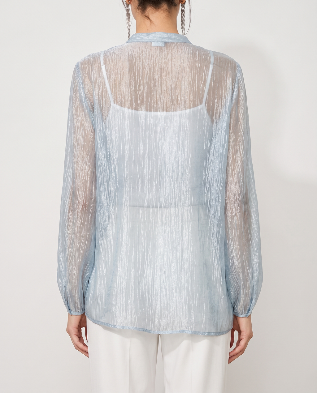 Semi-sheer button blouse, back view