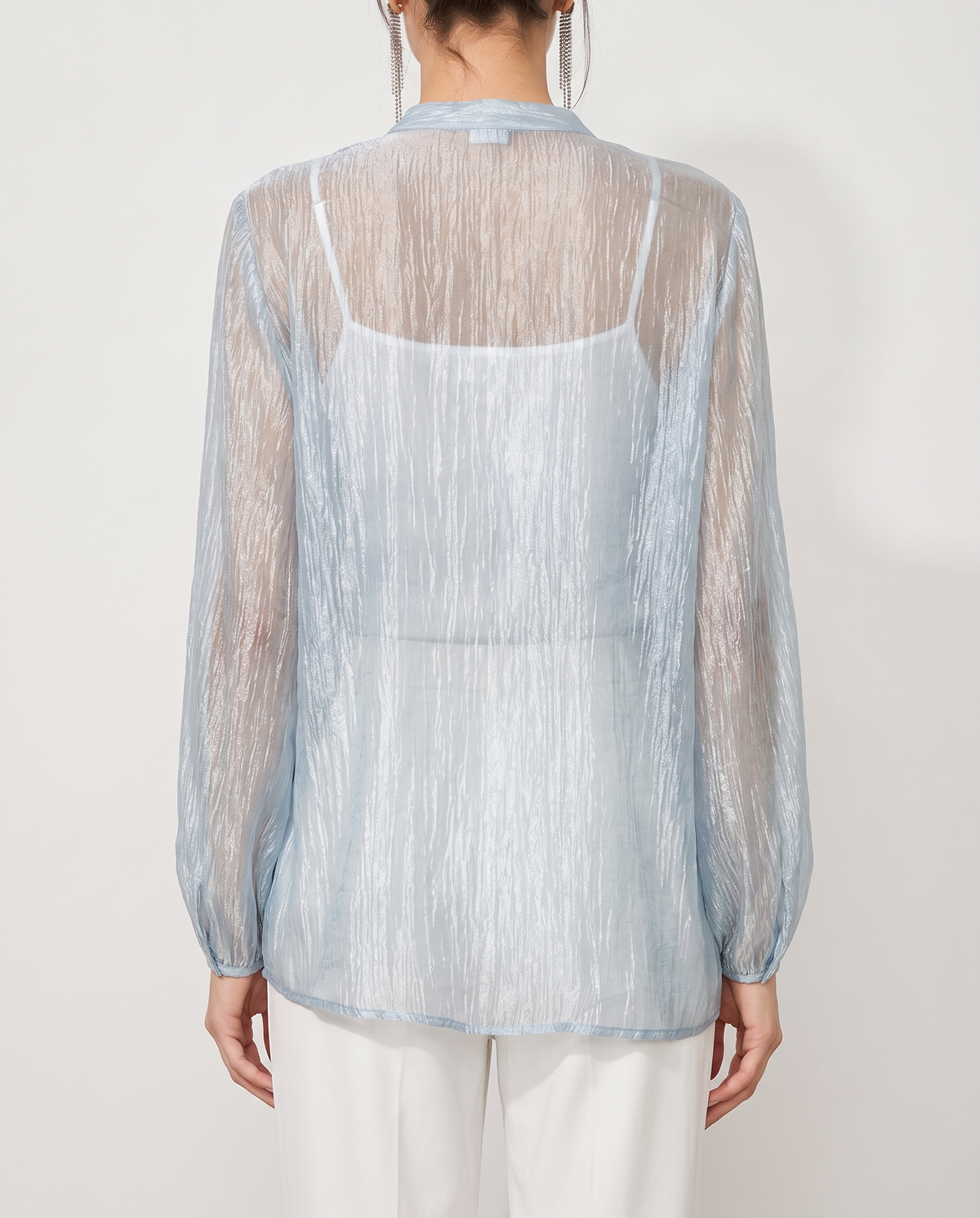 Semi-sheer button blouse, back view