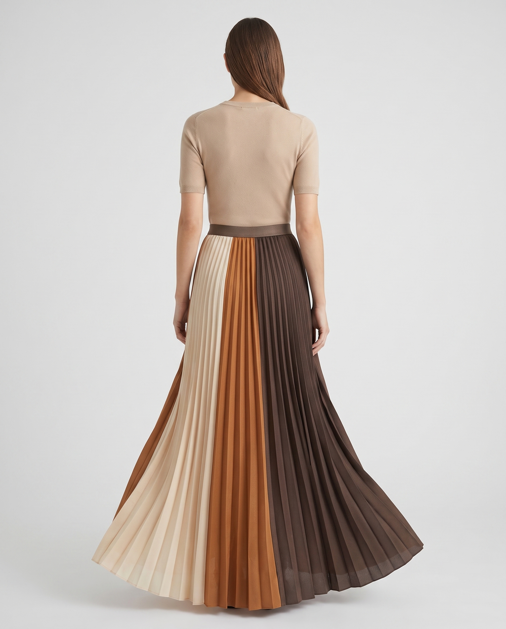 Color-block pleated maxi skirt, back view