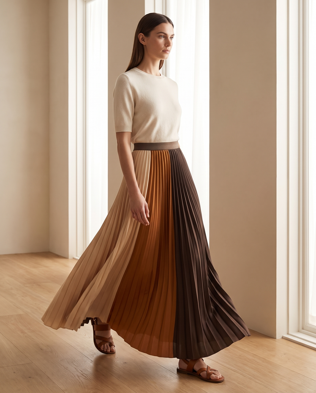 Model wearing the color-block pleated maxi skirt, lifestyle shot