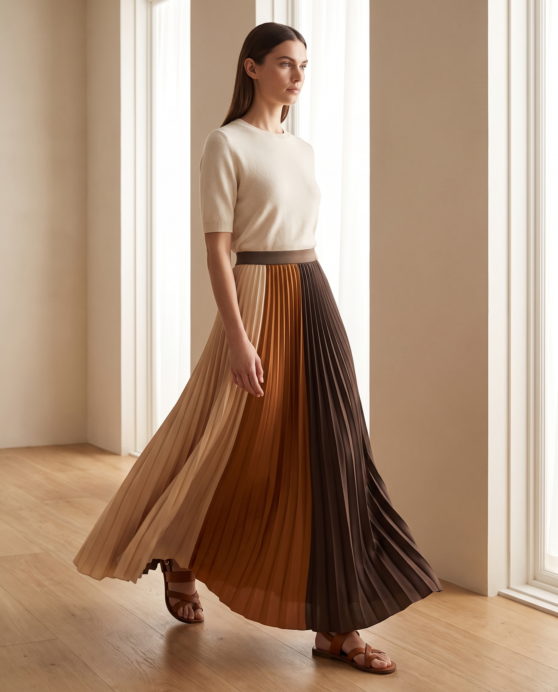 Model wearing the color-block pleated maxi skirt, lifestyle shot