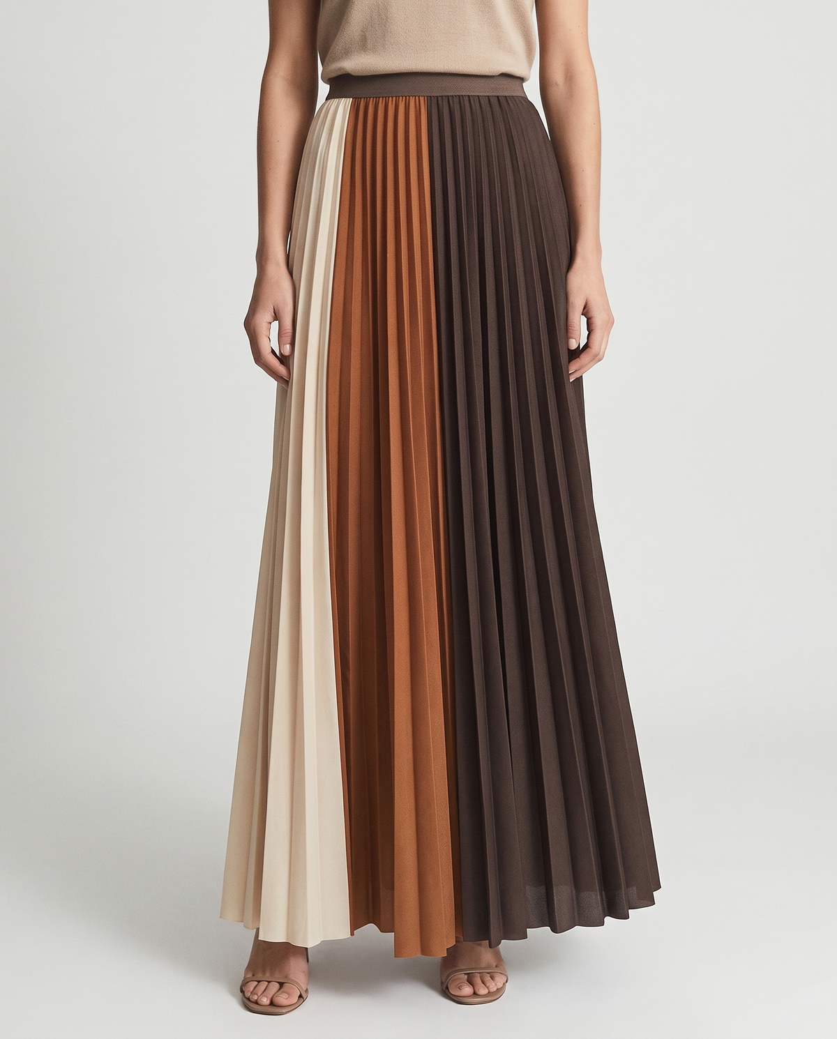 Women's color-block pleated maxi skirt, front view