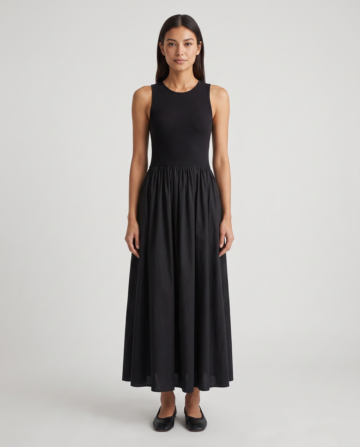 Women's crew-neck sleeveless jersey maxi dress, front view