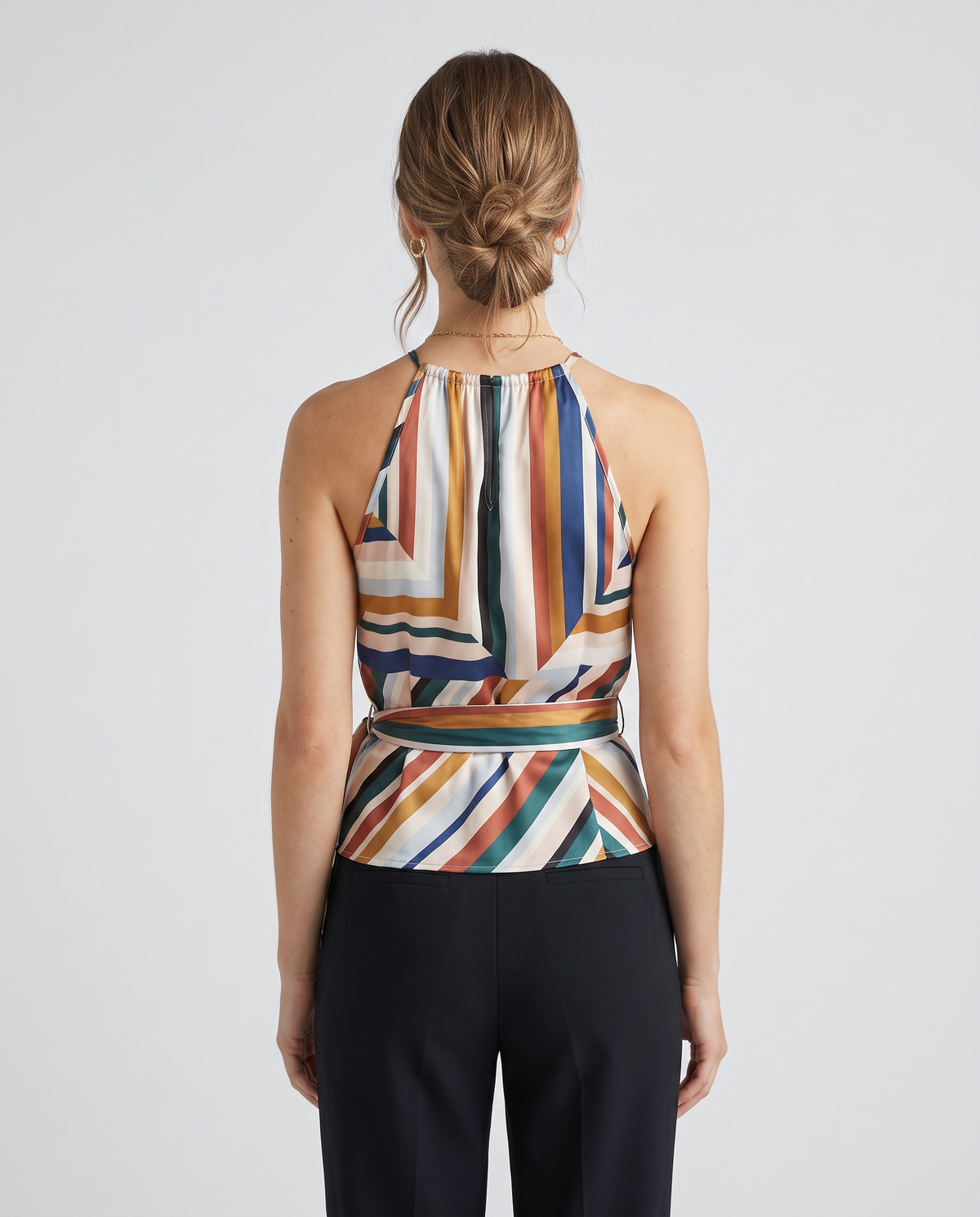 Geometric-stripe halter wrap satin top, back view