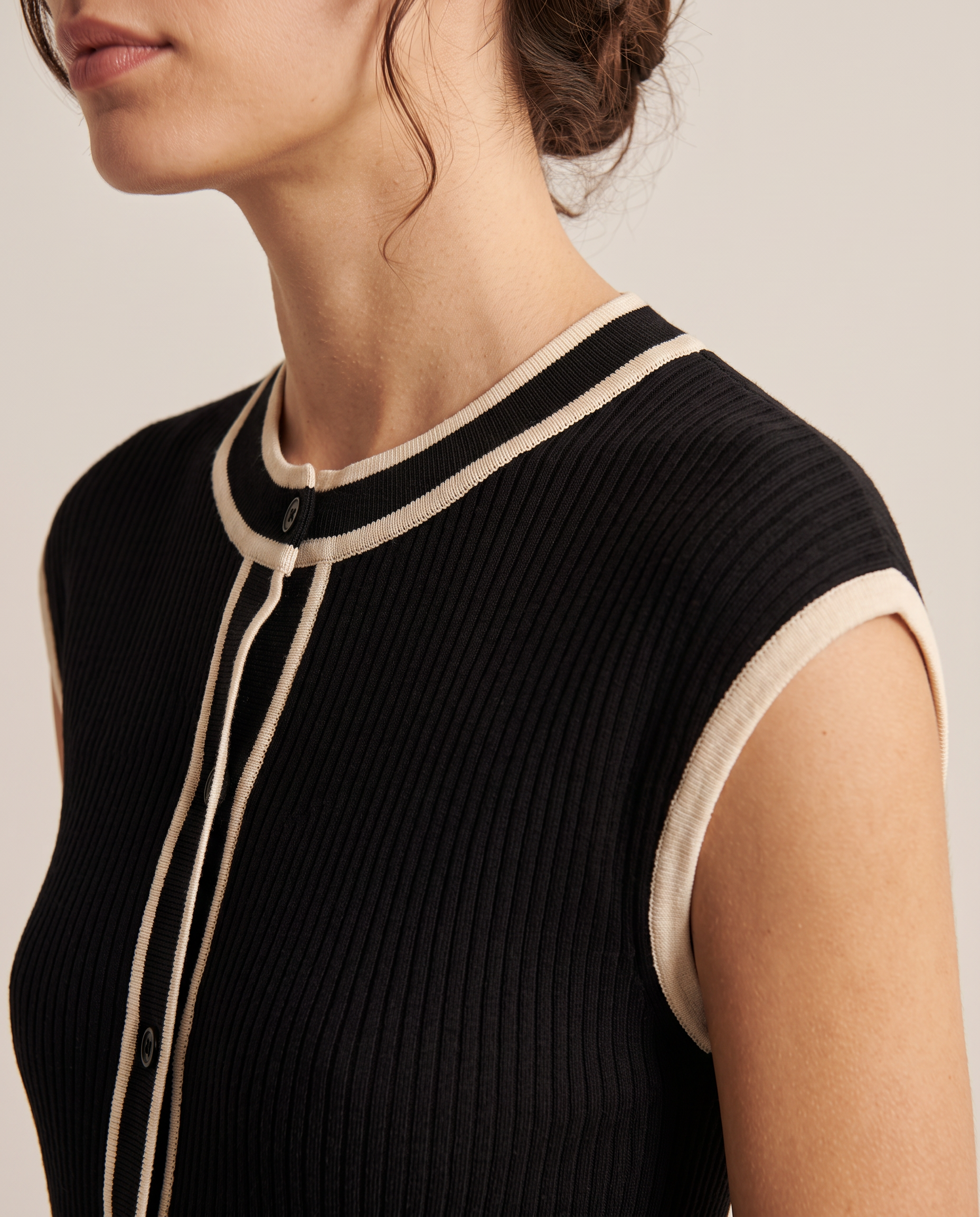 Contrast-trim cap-sleeve knit top, trim detail