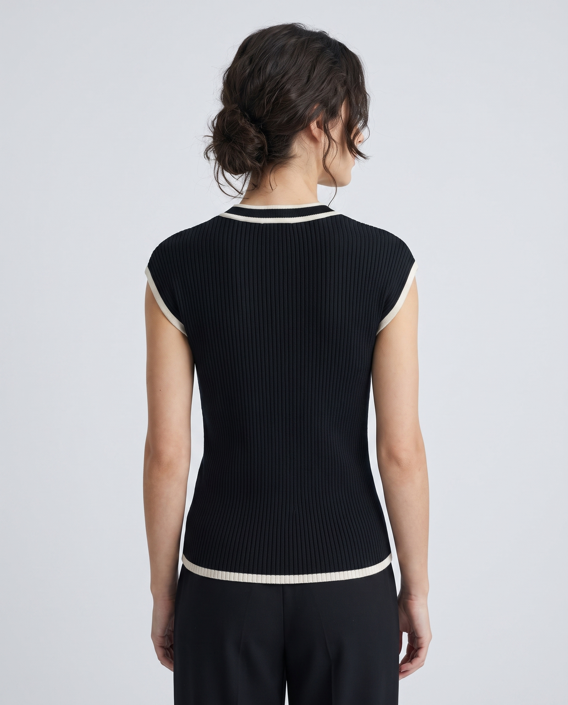 Contrast-trim cap-sleeve ribbed knit top, back view