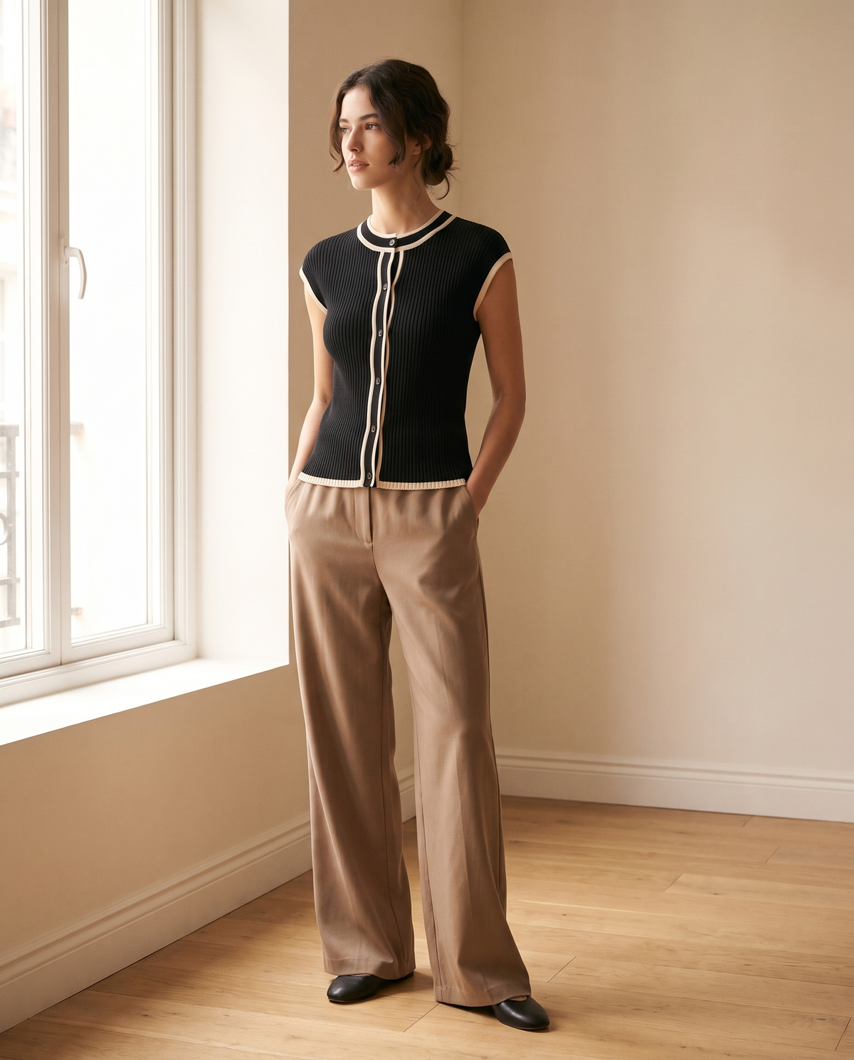 Model wearing contrast-trim cap-sleeve knit top, lifestyle