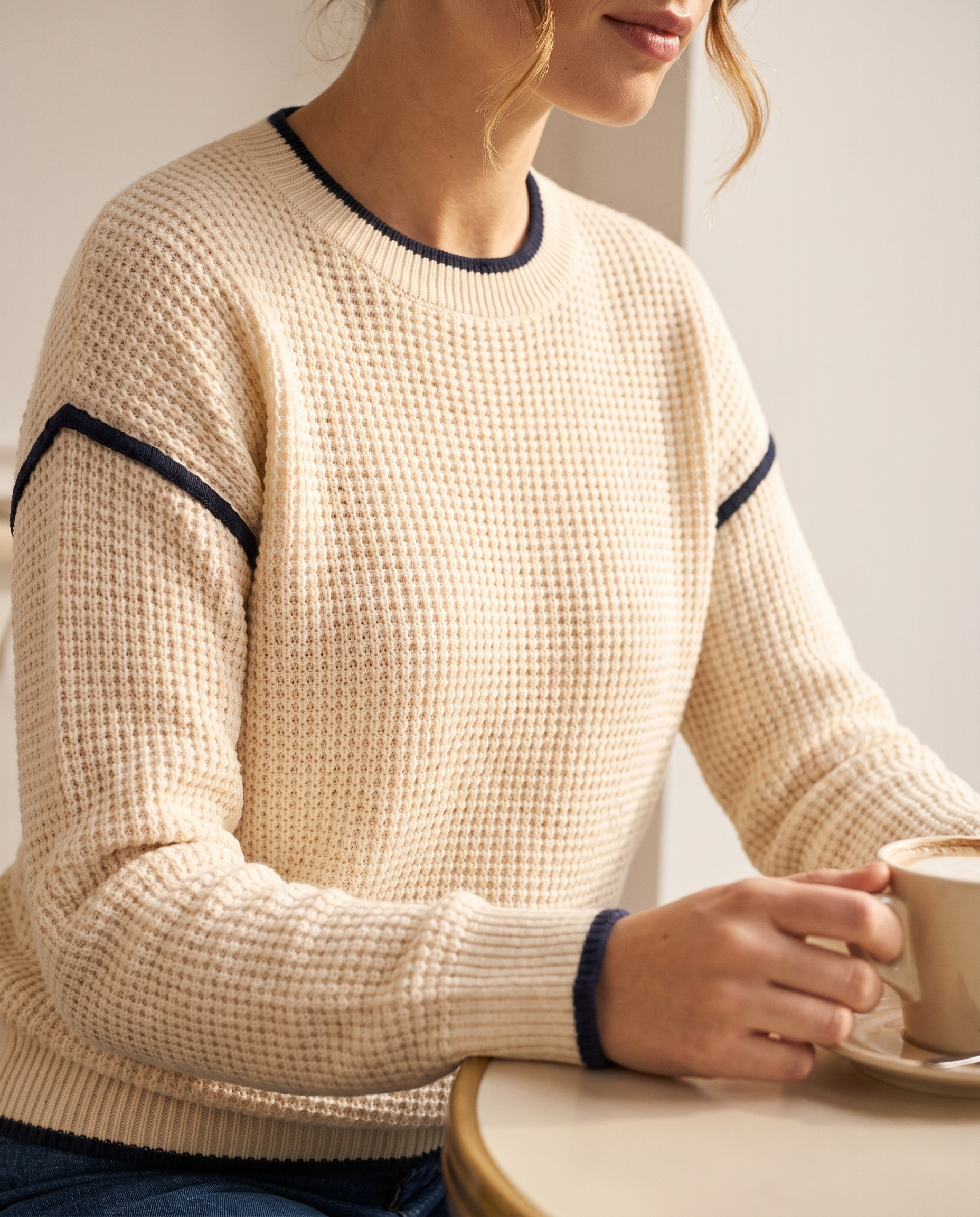 Contrast-trim textured knit top, trim detail