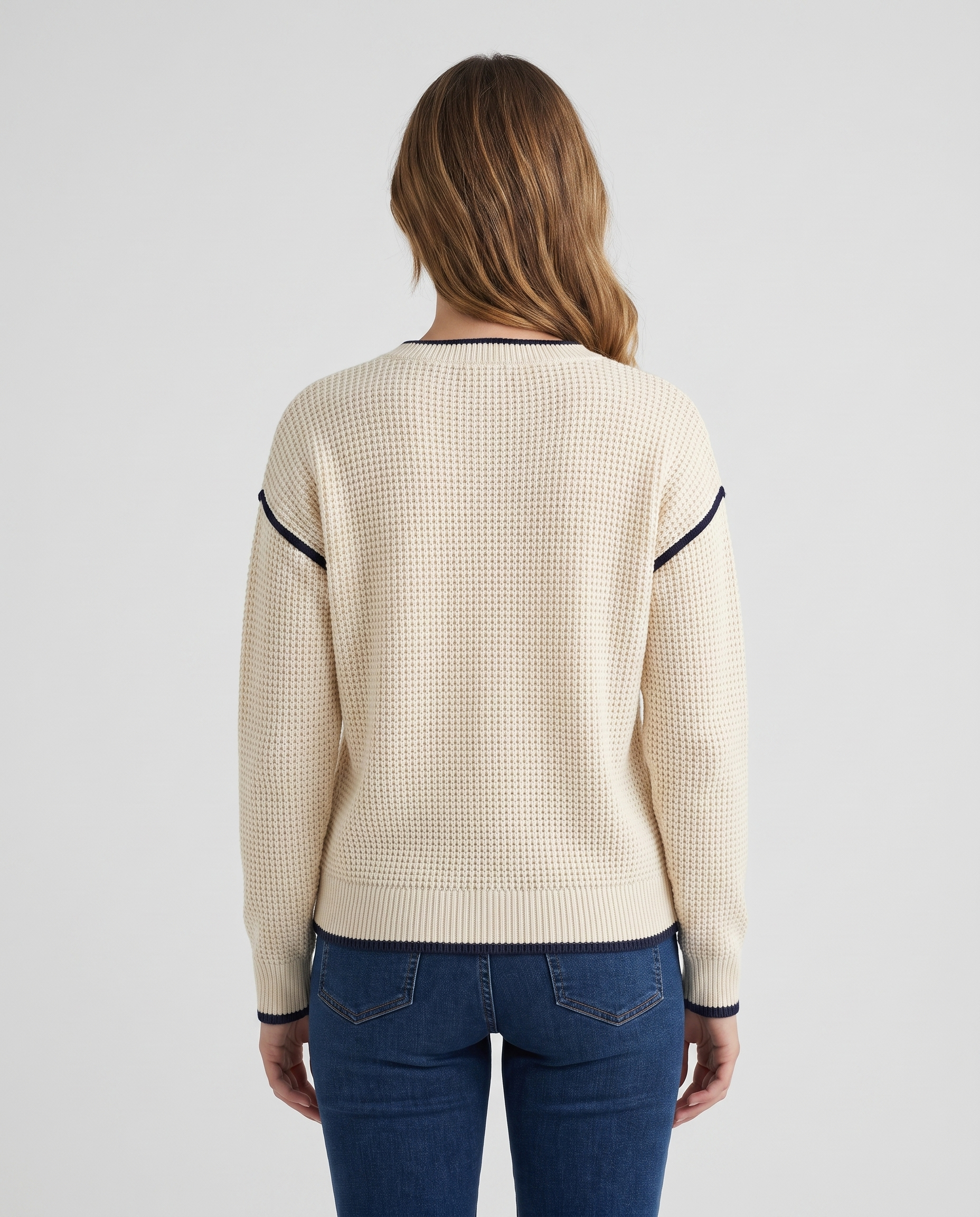 Contrast-trim textured knit top, back view