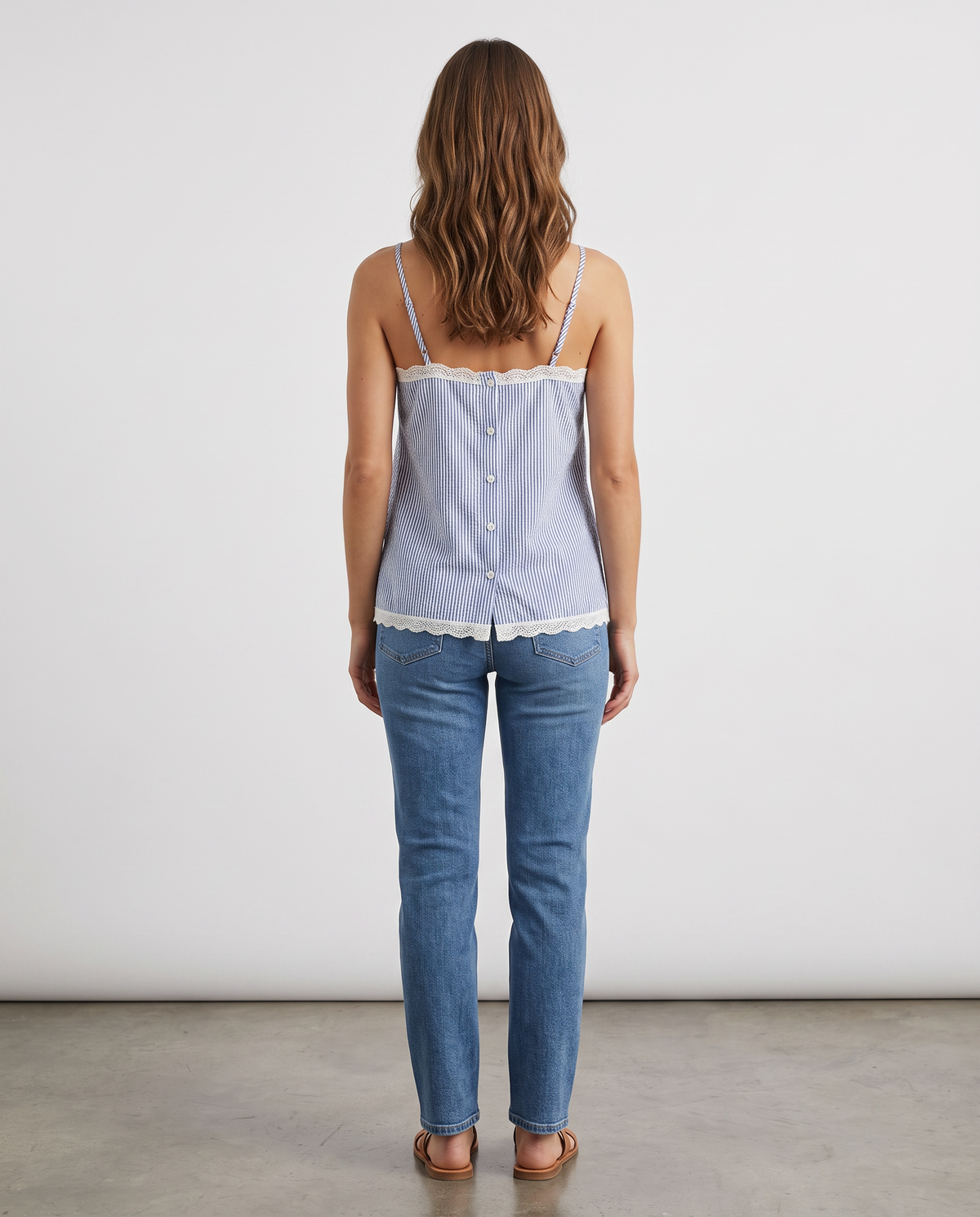 Striped lace-trim button-front tank top, back view