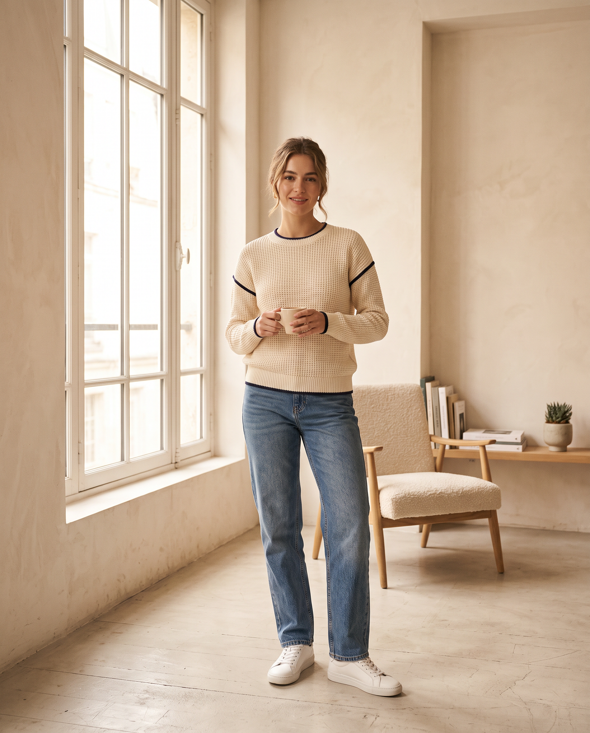 Model wearing contrast-trim textured knit top, lifestyle
