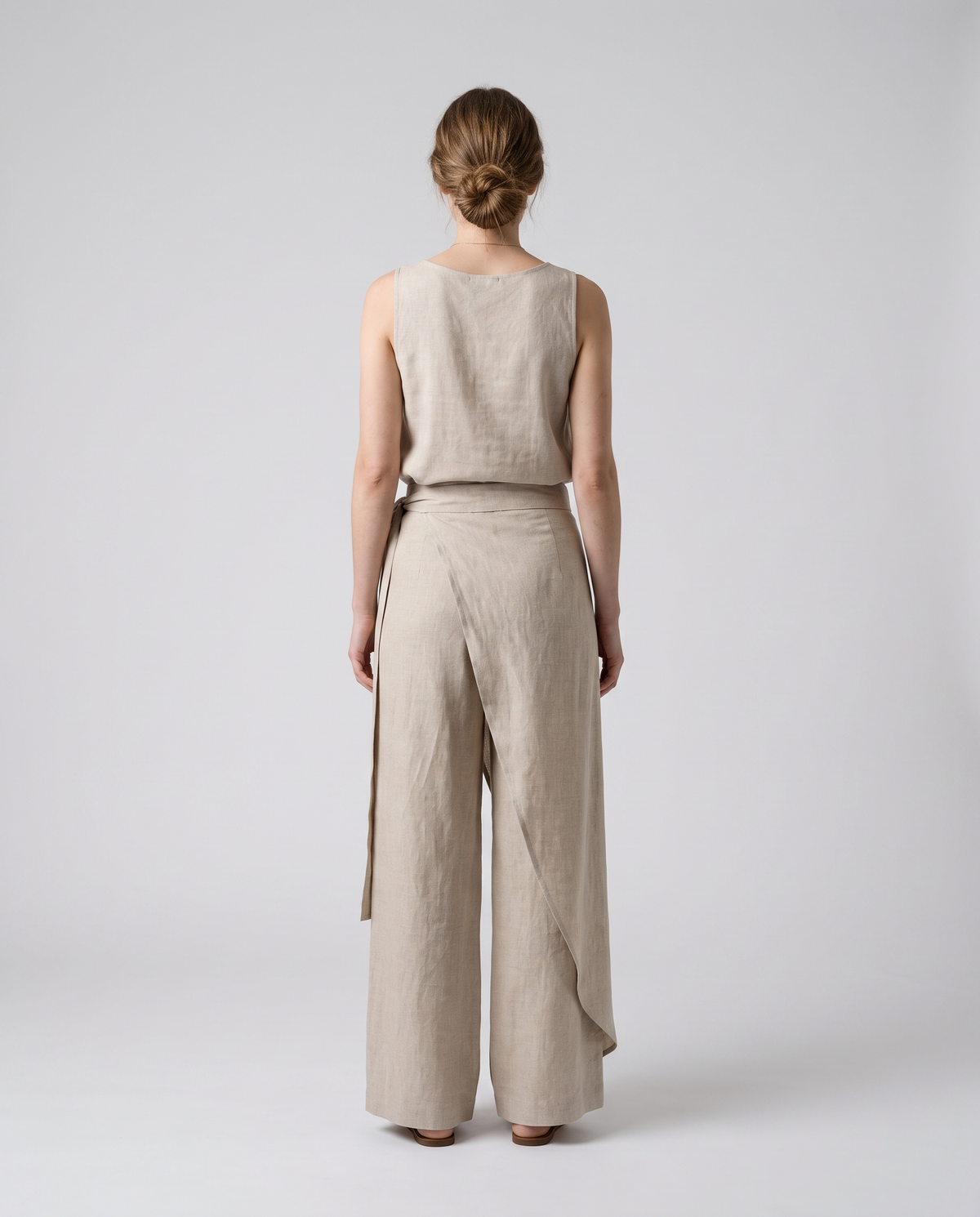 Asymmetric wrap wide-leg trousers, back view