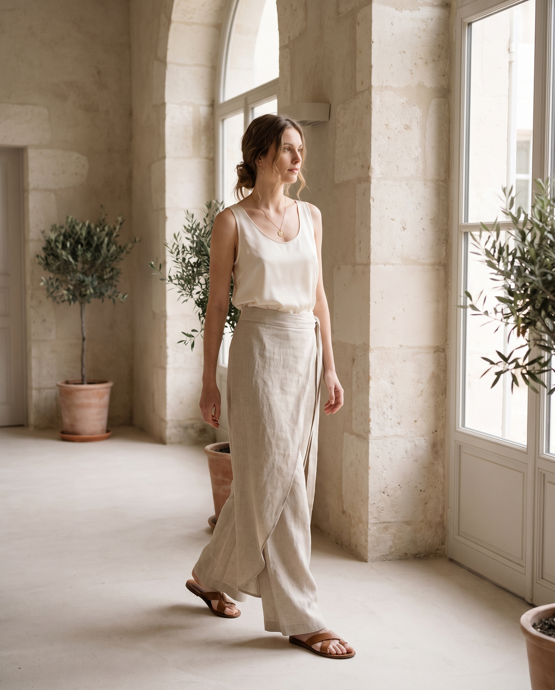 Model wearing asymmetric wrap wide-leg trousers, lifestyle