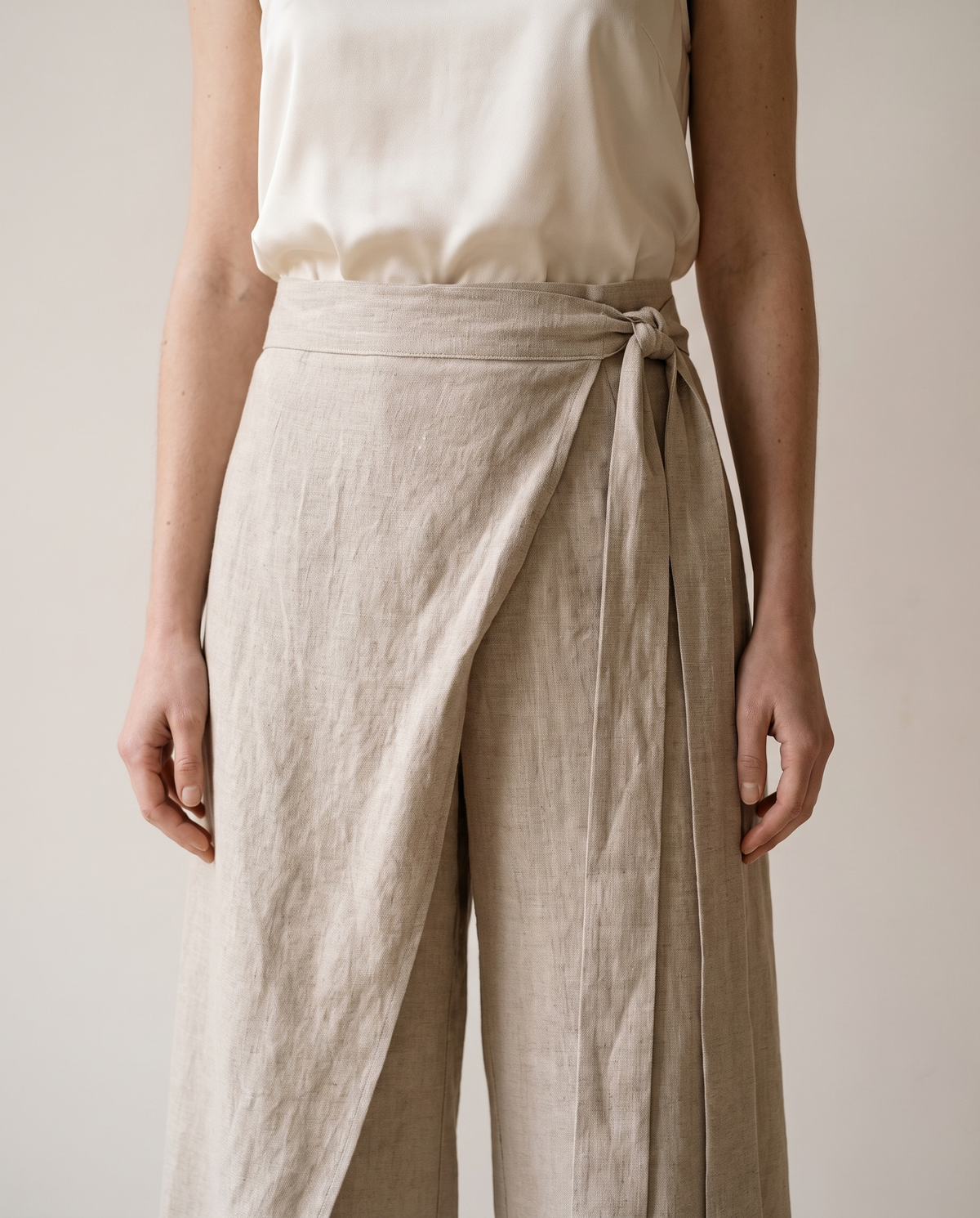 Asymmetric wrap trousers, wrap waist detail