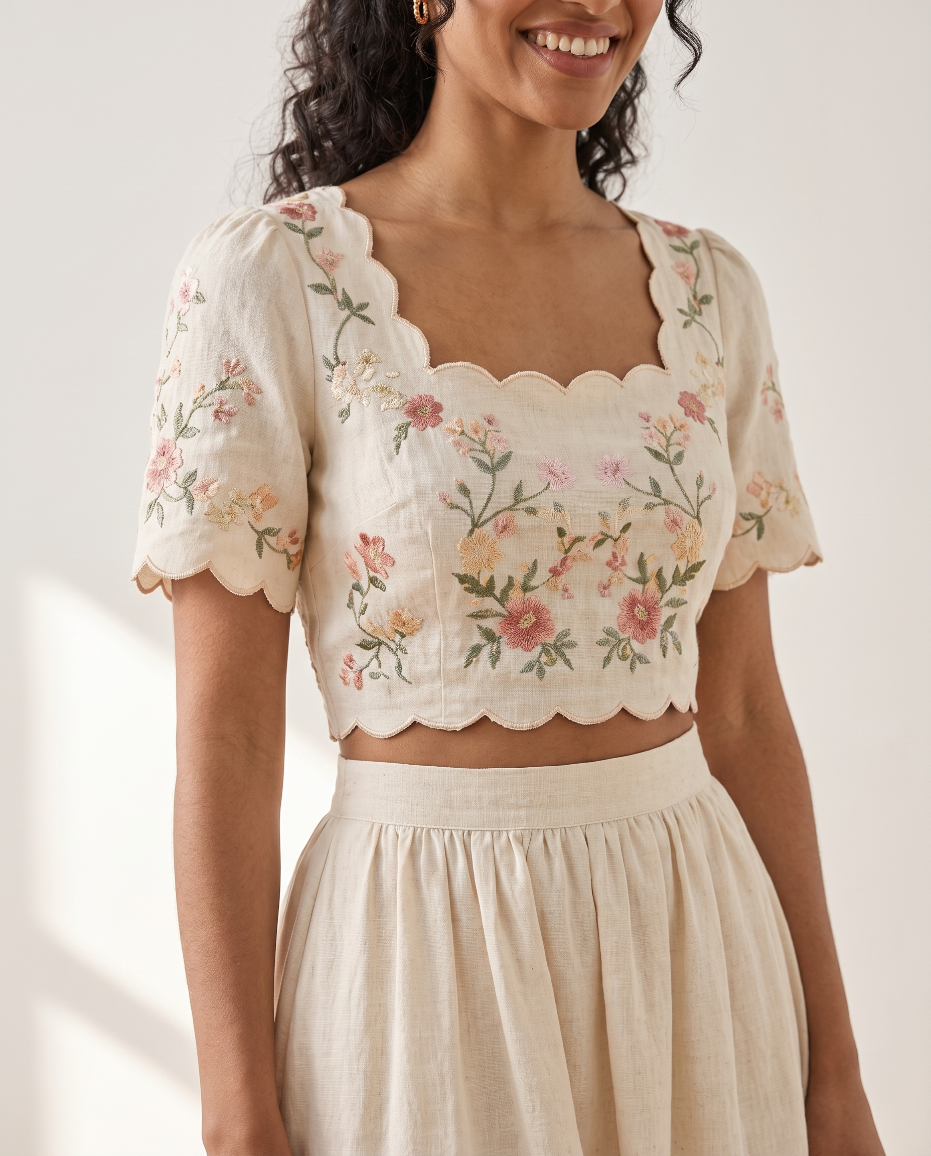 Embroidered scalloped skirt set, embroidery detail