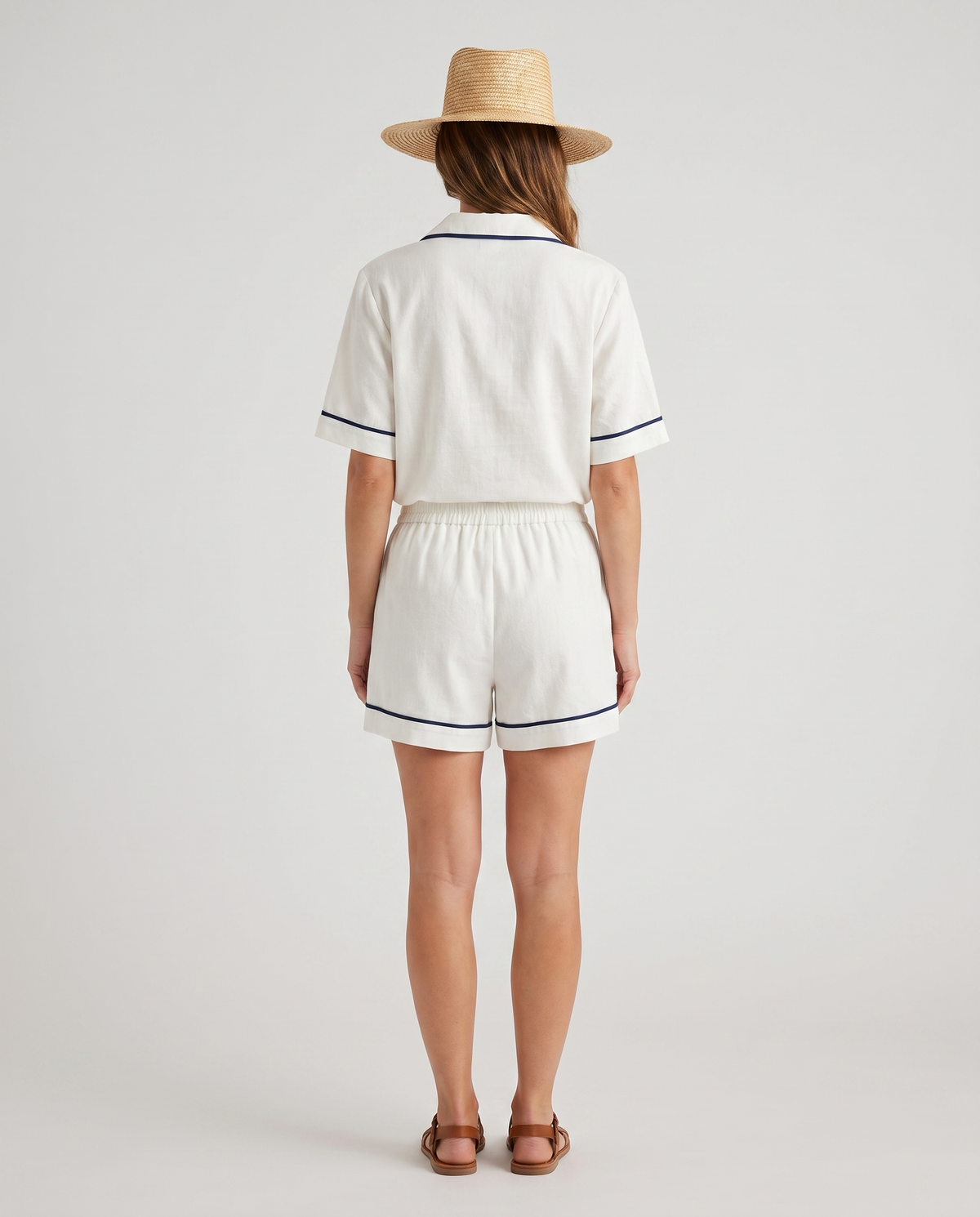 Cotton-linen contrast-trim top and shorts set, back view