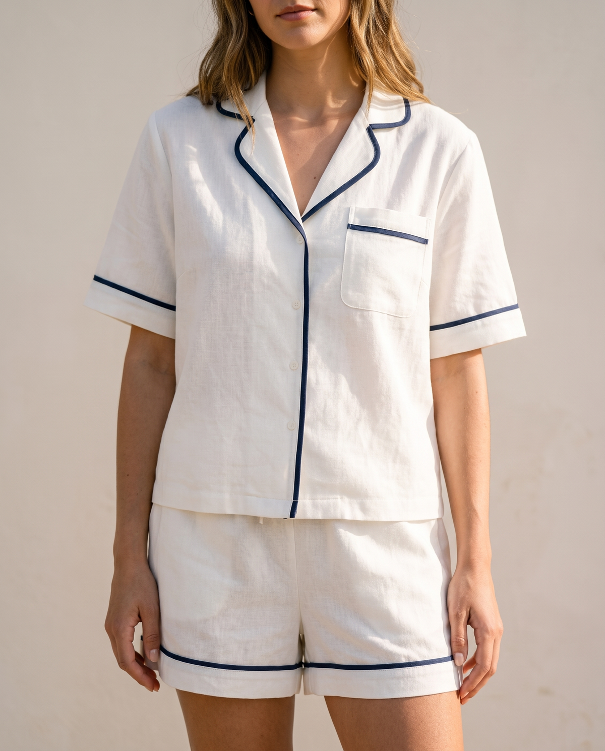 Contrast-trim top and shorts set, trim detail