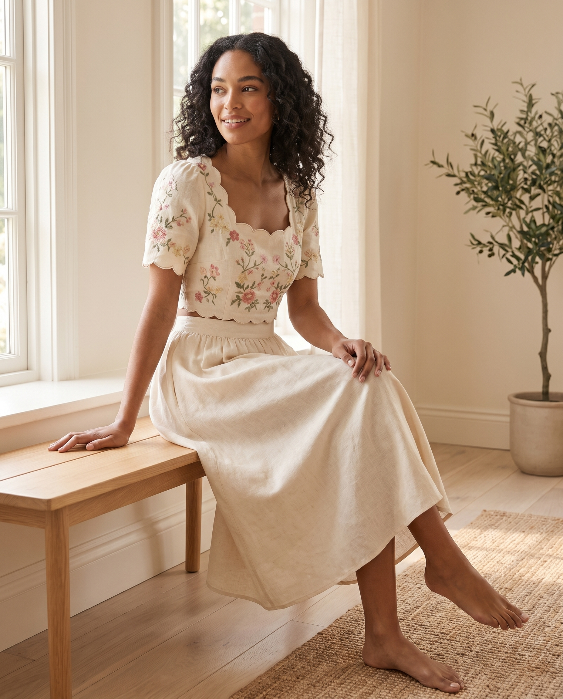 Model wearing embroidered scalloped two-piece skirt set, lifestyle