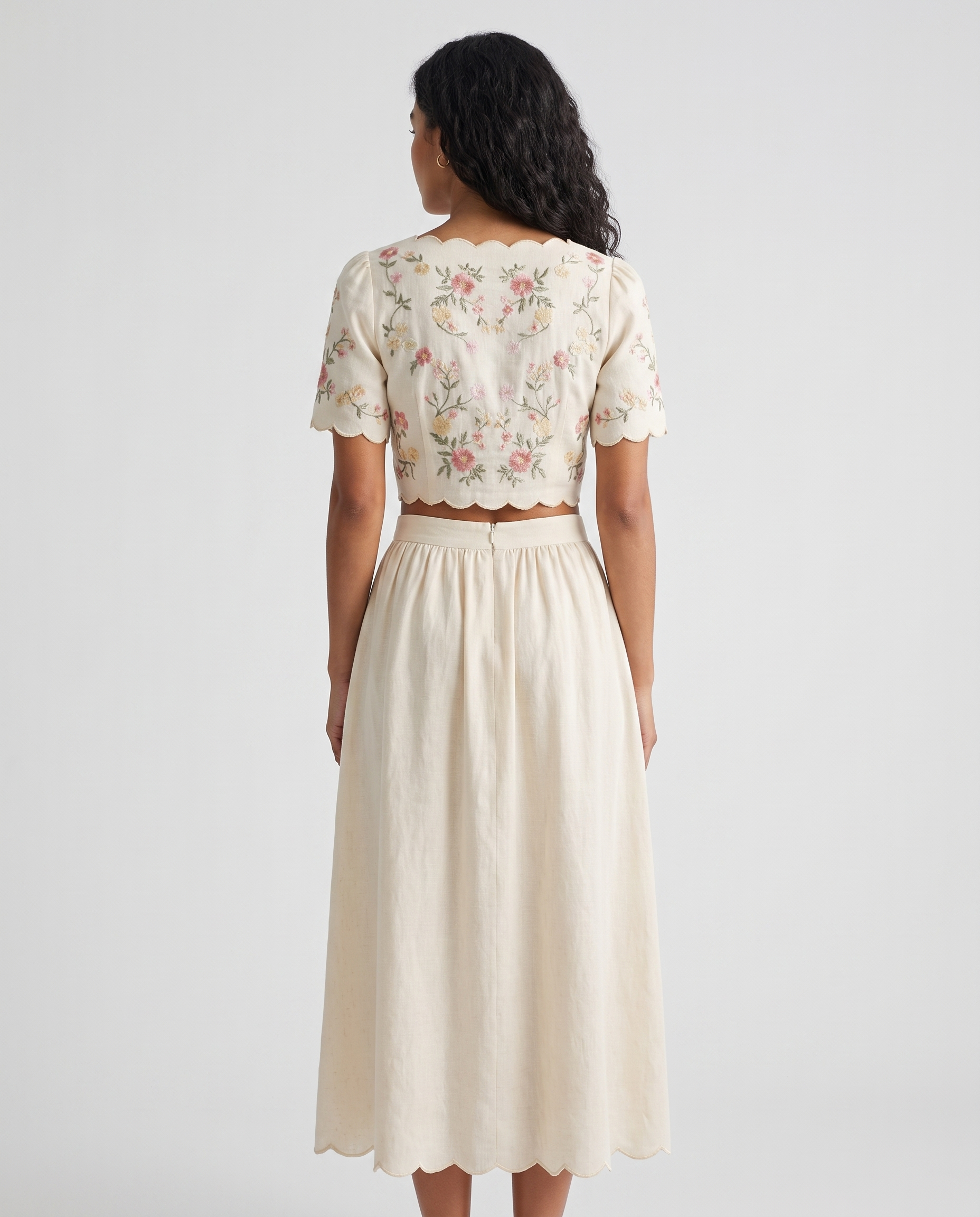 Embroidered scalloped two-piece skirt set, back view