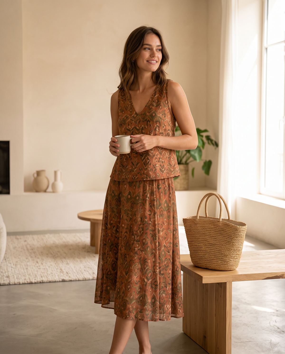 Model wearing printed sleeveless tie-back skirt set, lifestyle