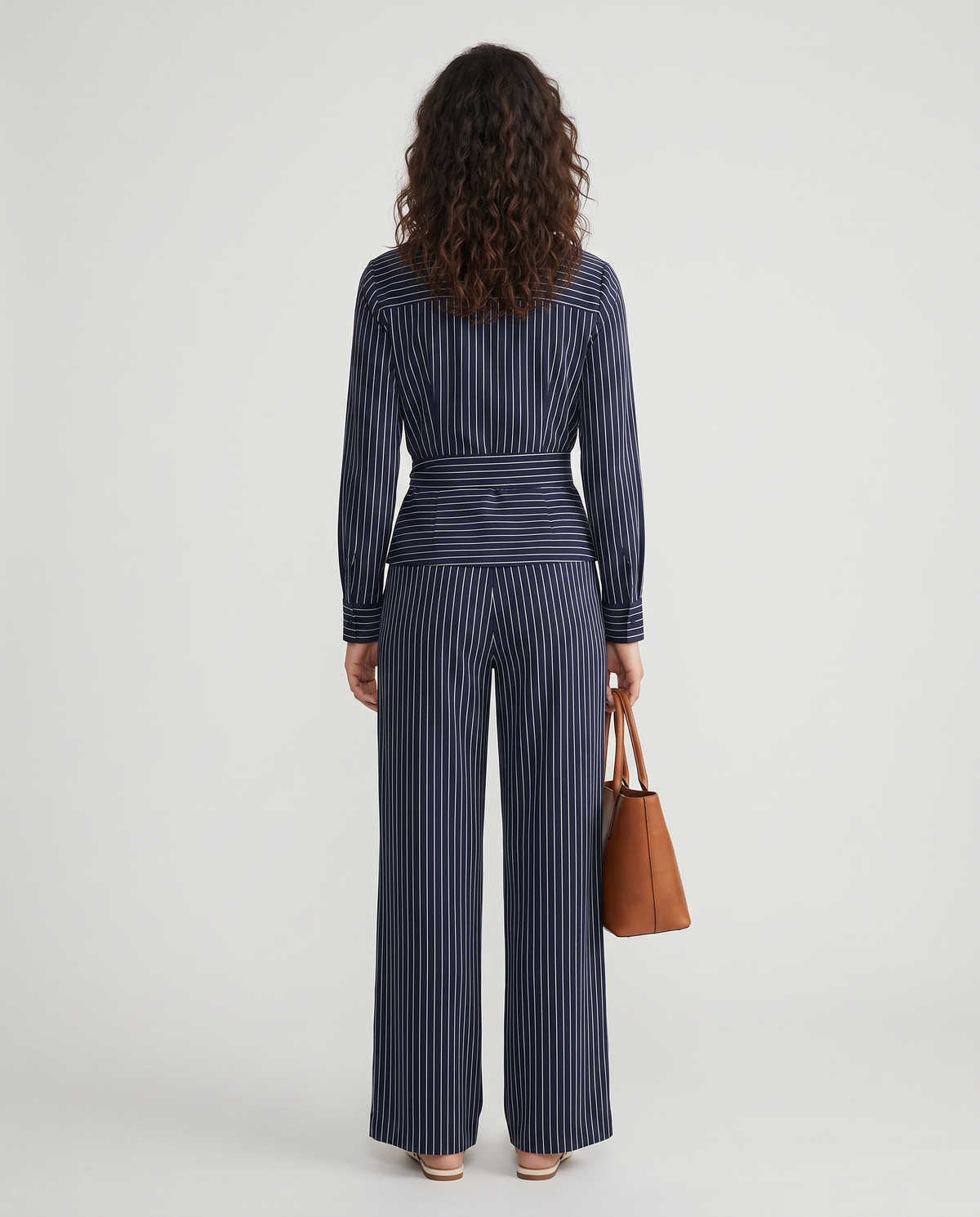 Pinstripe wrap top and wide-leg pants set, back view