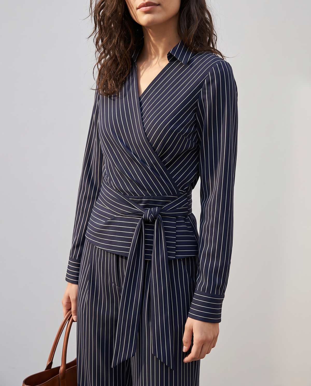 Pinstripe wrap top and wide-leg pants set, wrap detail