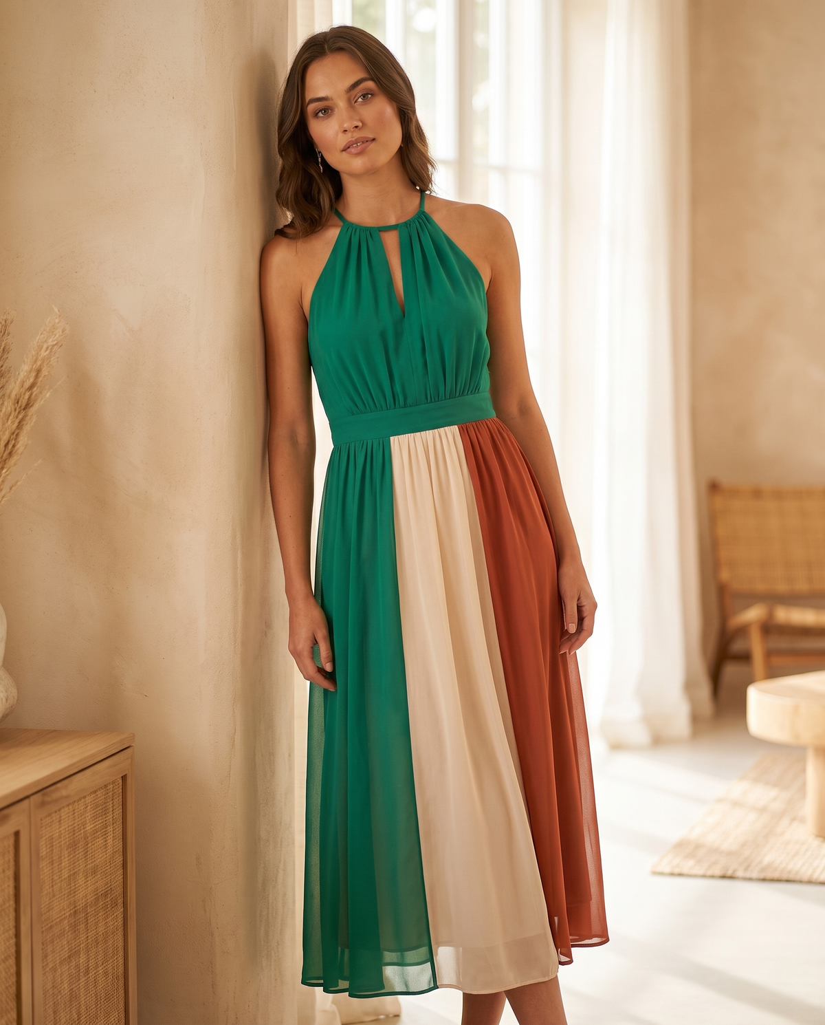 Model wearing color-block halter keyhole midi dress, lifestyle