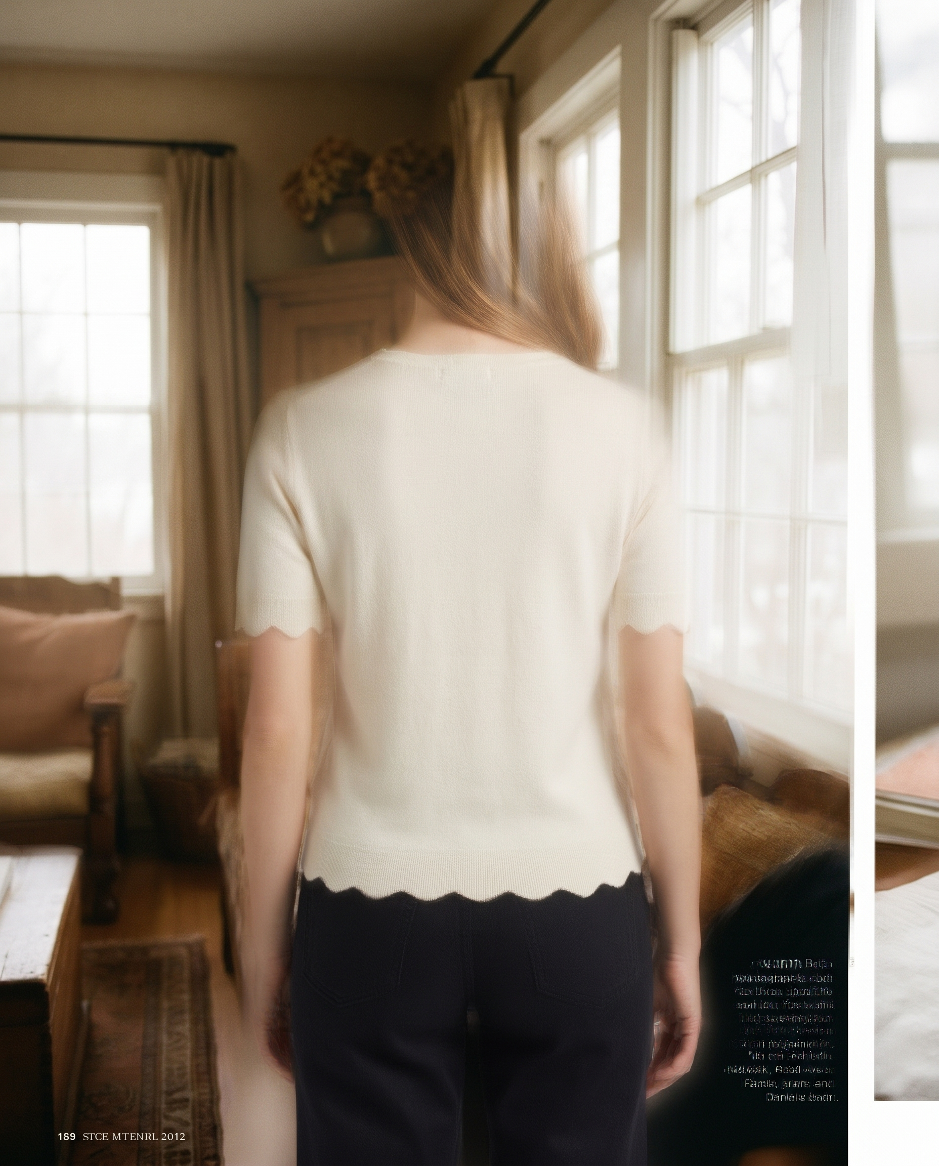 V-neck scalloped-hem knit top, back view