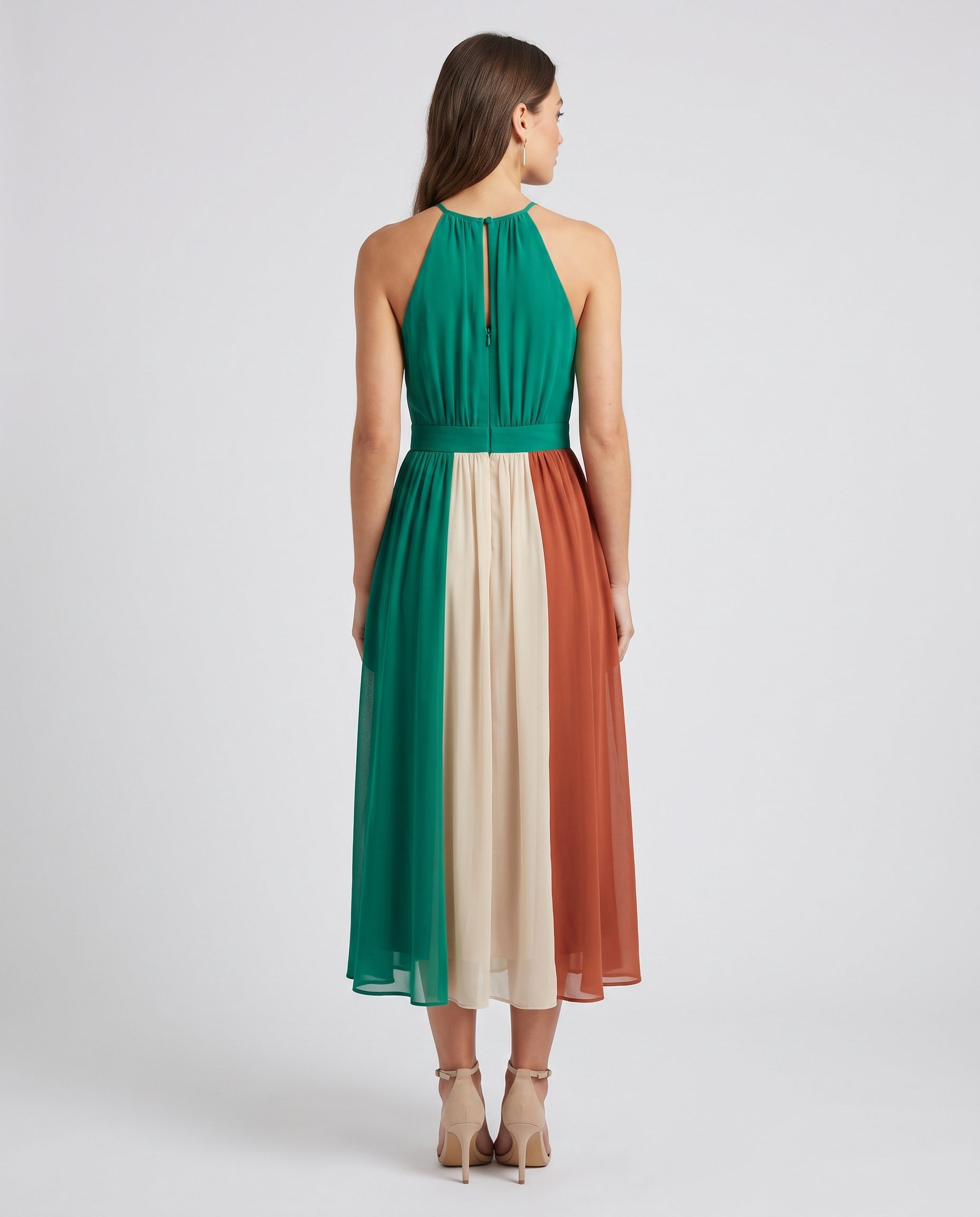 Color-block halter keyhole midi dress, back view