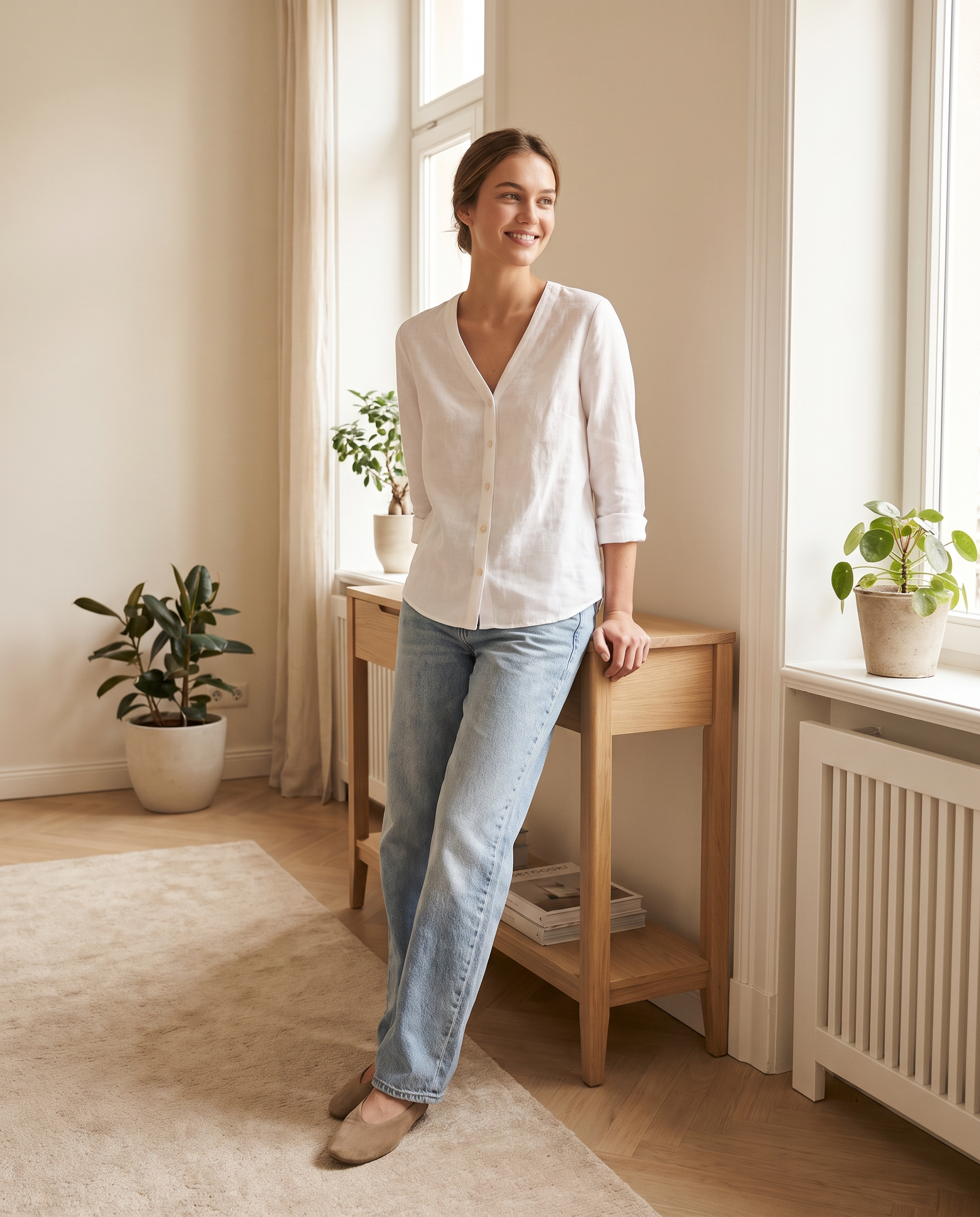 Model wearing V-neck button-down blouse, lifestyle