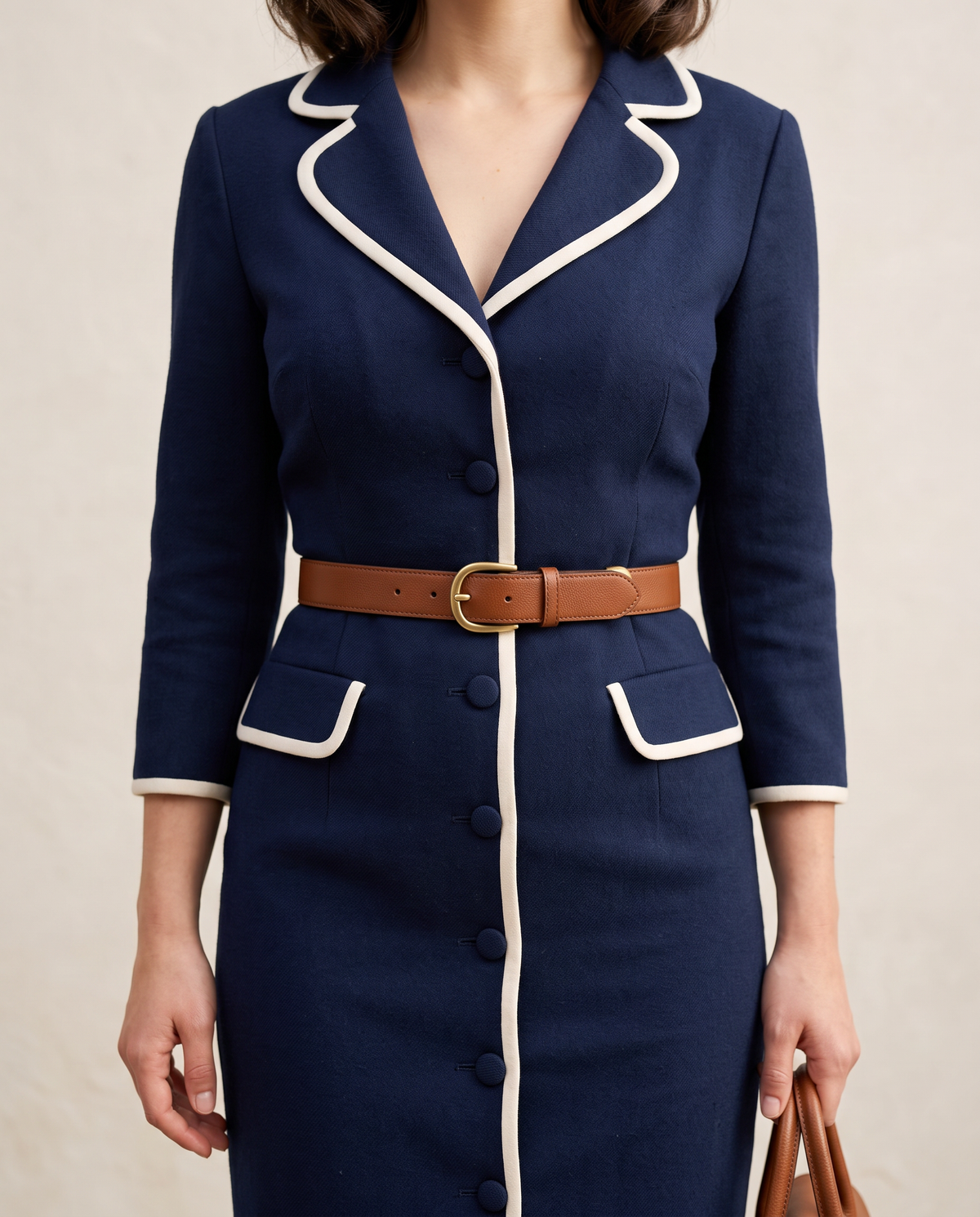 Contrast-trim belted pencil midi dress, belt detail