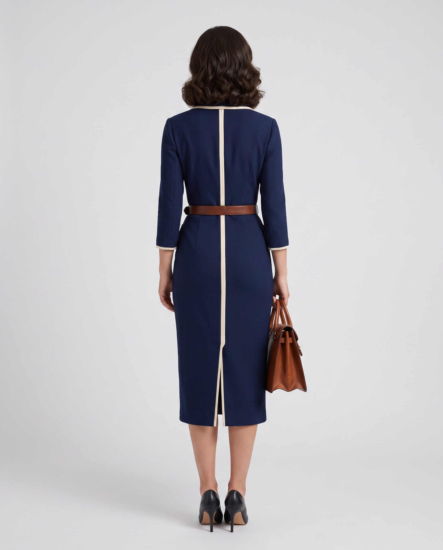 Contrast-trim belted pencil midi dress, back view