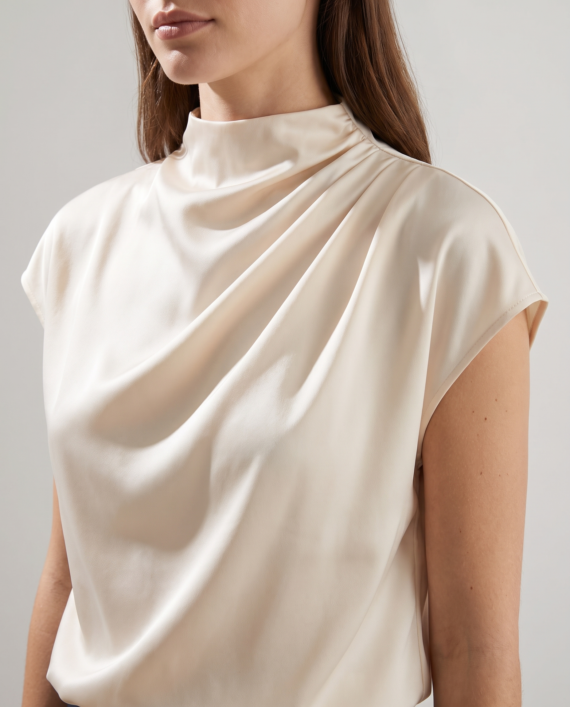 Draped high-neck cap-sleeve blouse, neckline detail