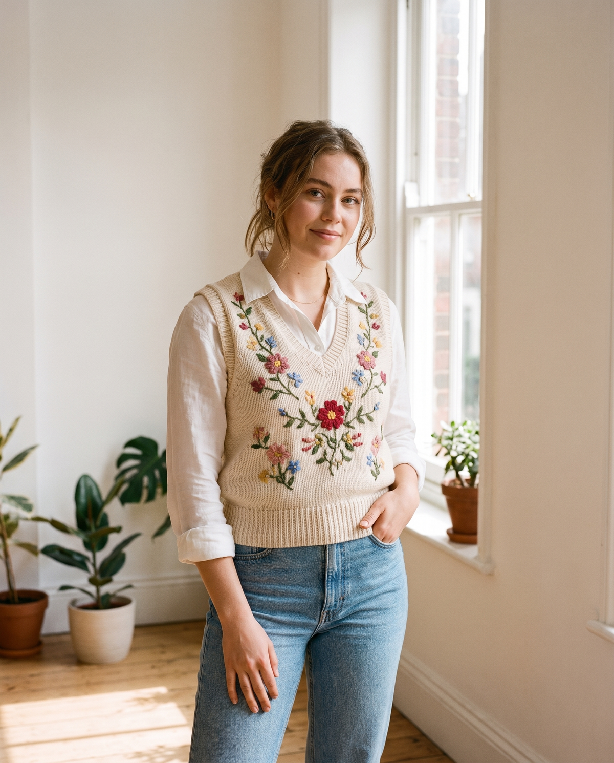 Model wearing embroidered floral knit vest, lifestyle