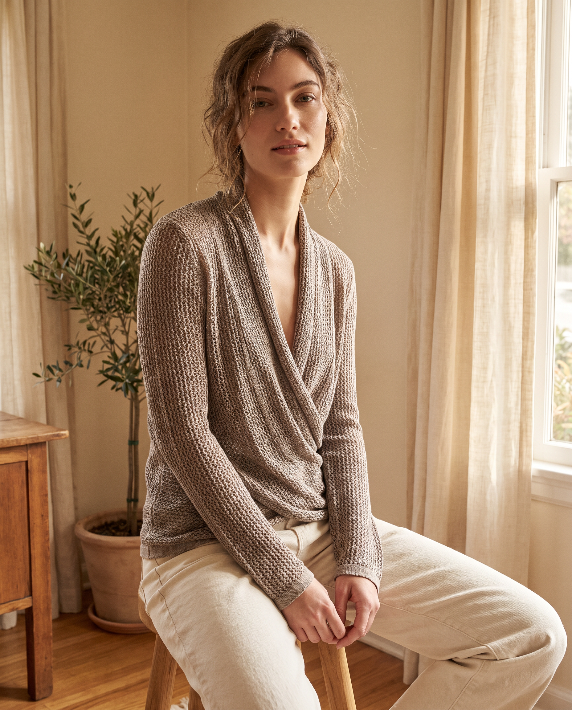 Model wearing draped open-knit fitted top, lifestyle