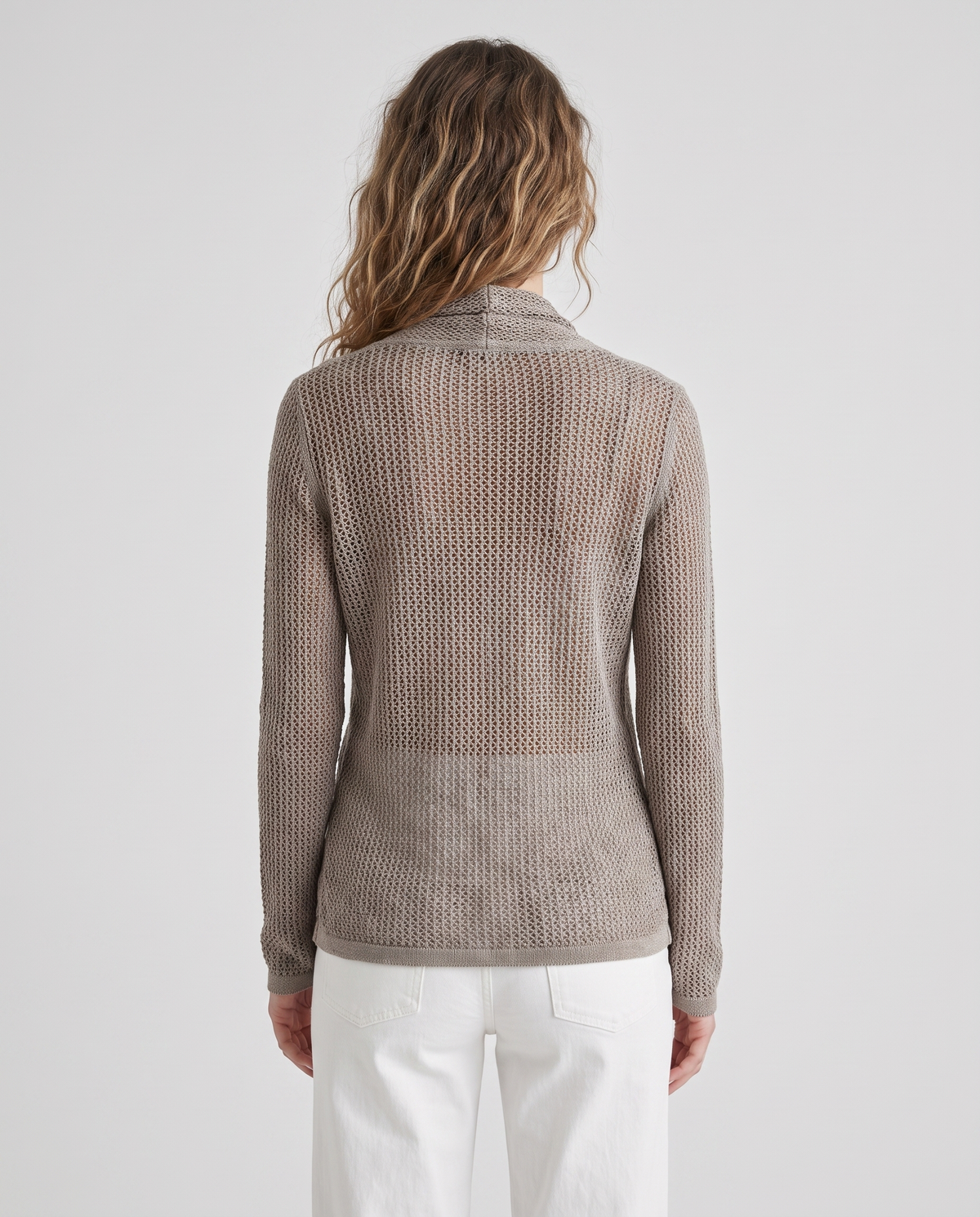 Draped open-knit fitted top, back view