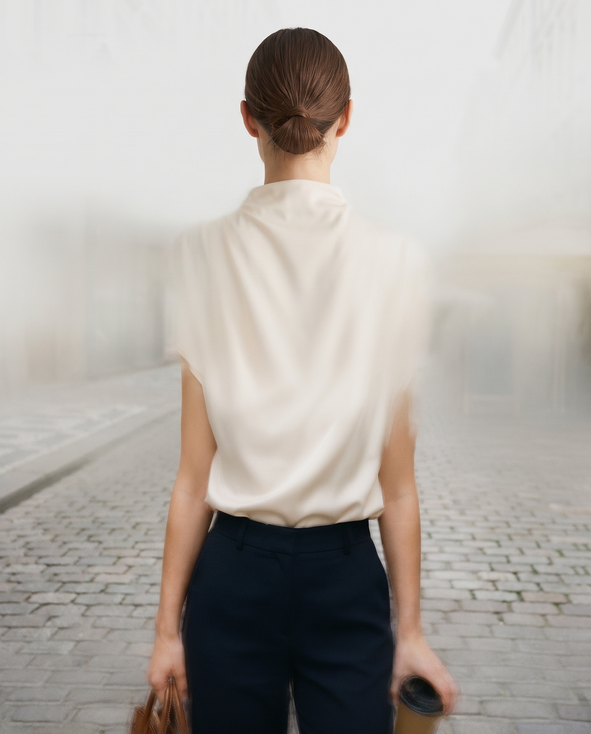 Draped high-neck cap-sleeve blouse, back view