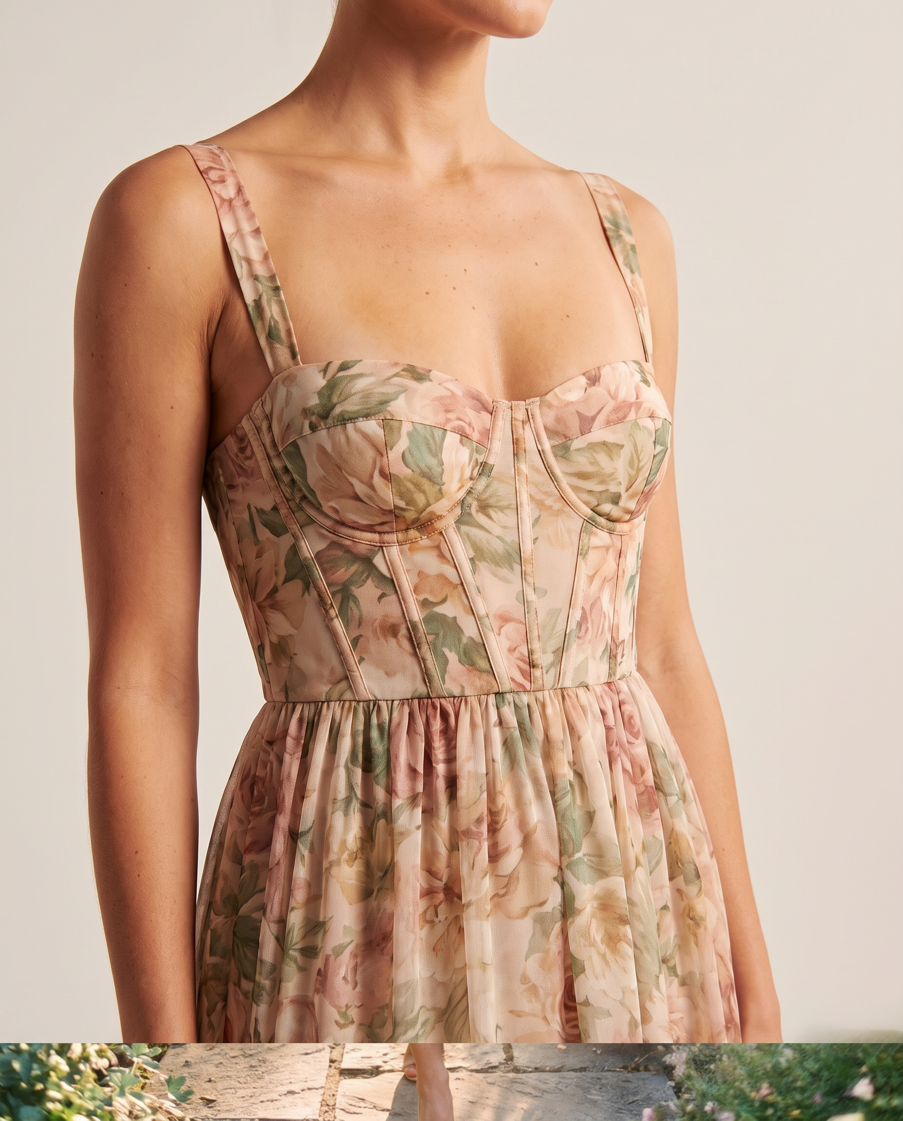 Floral print bustier strap midi dress, bodice detail