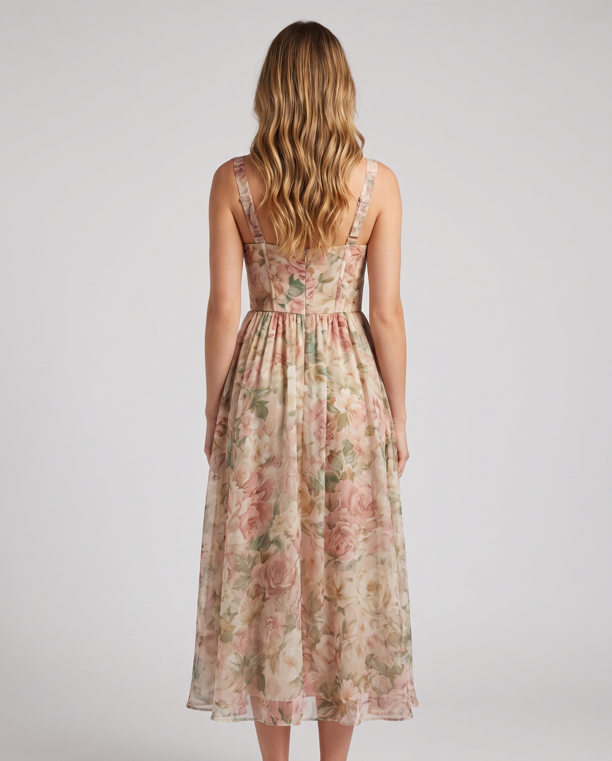 Floral print bustier strap midi dress, back view