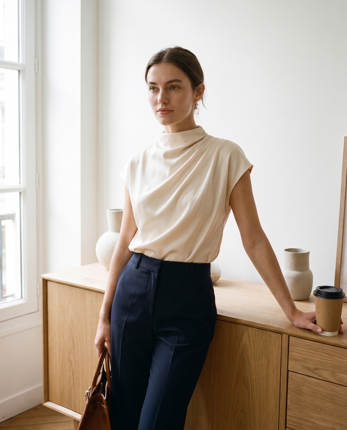 Model wearing draped high-neck cap-sleeve blouse, lifestyle