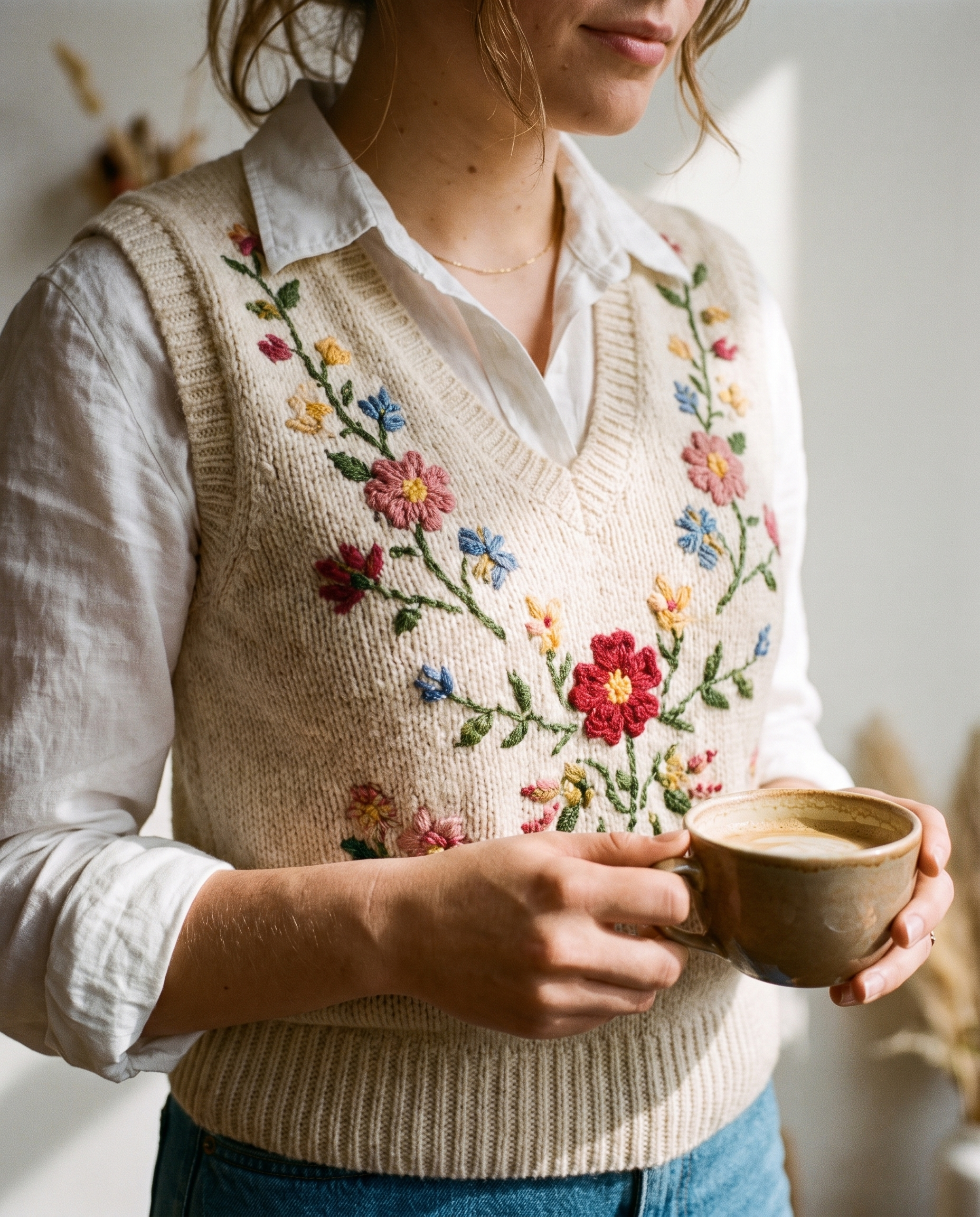 Embroidered floral knit vest, embroidery detail