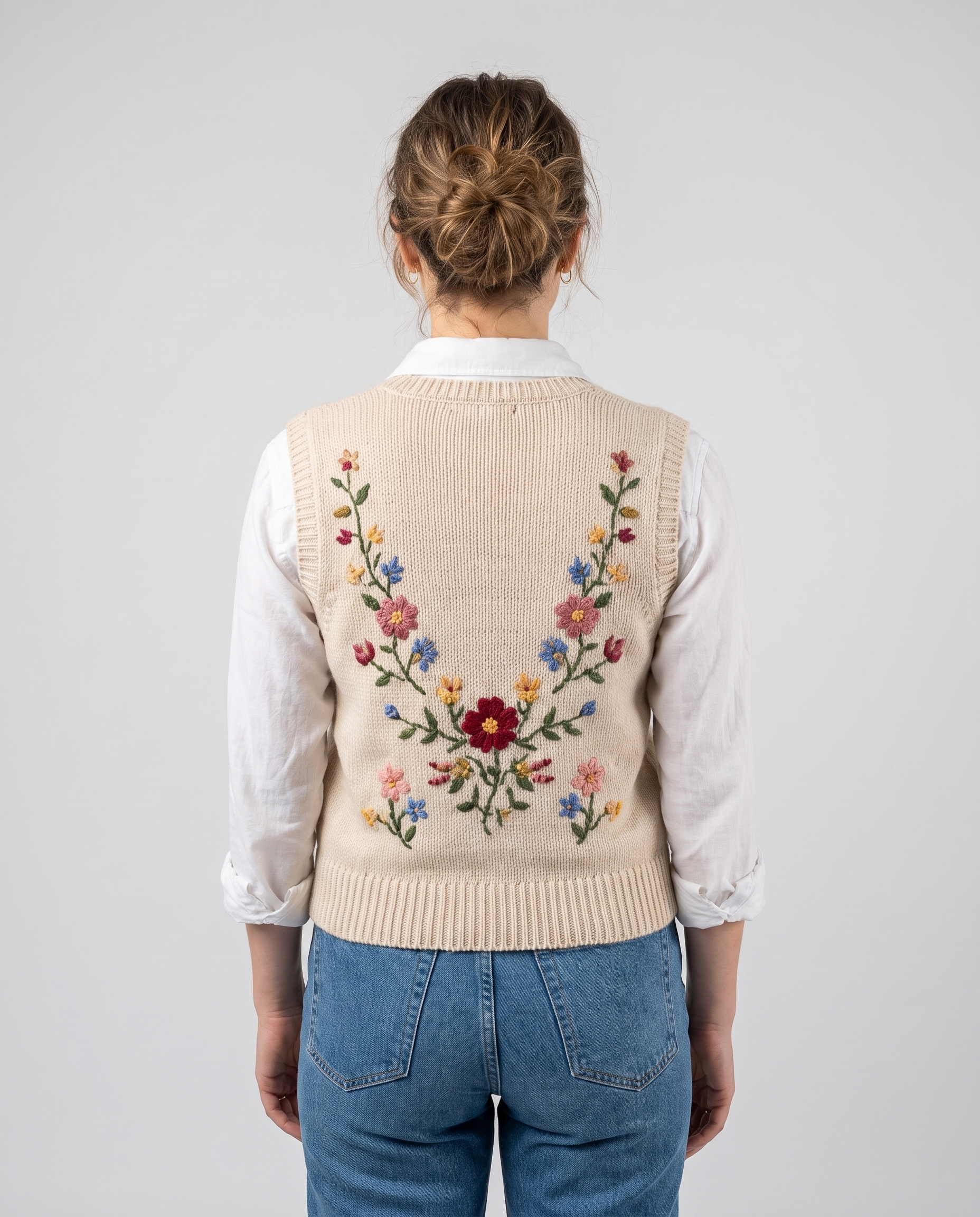 Embroidered floral knit vest, back view