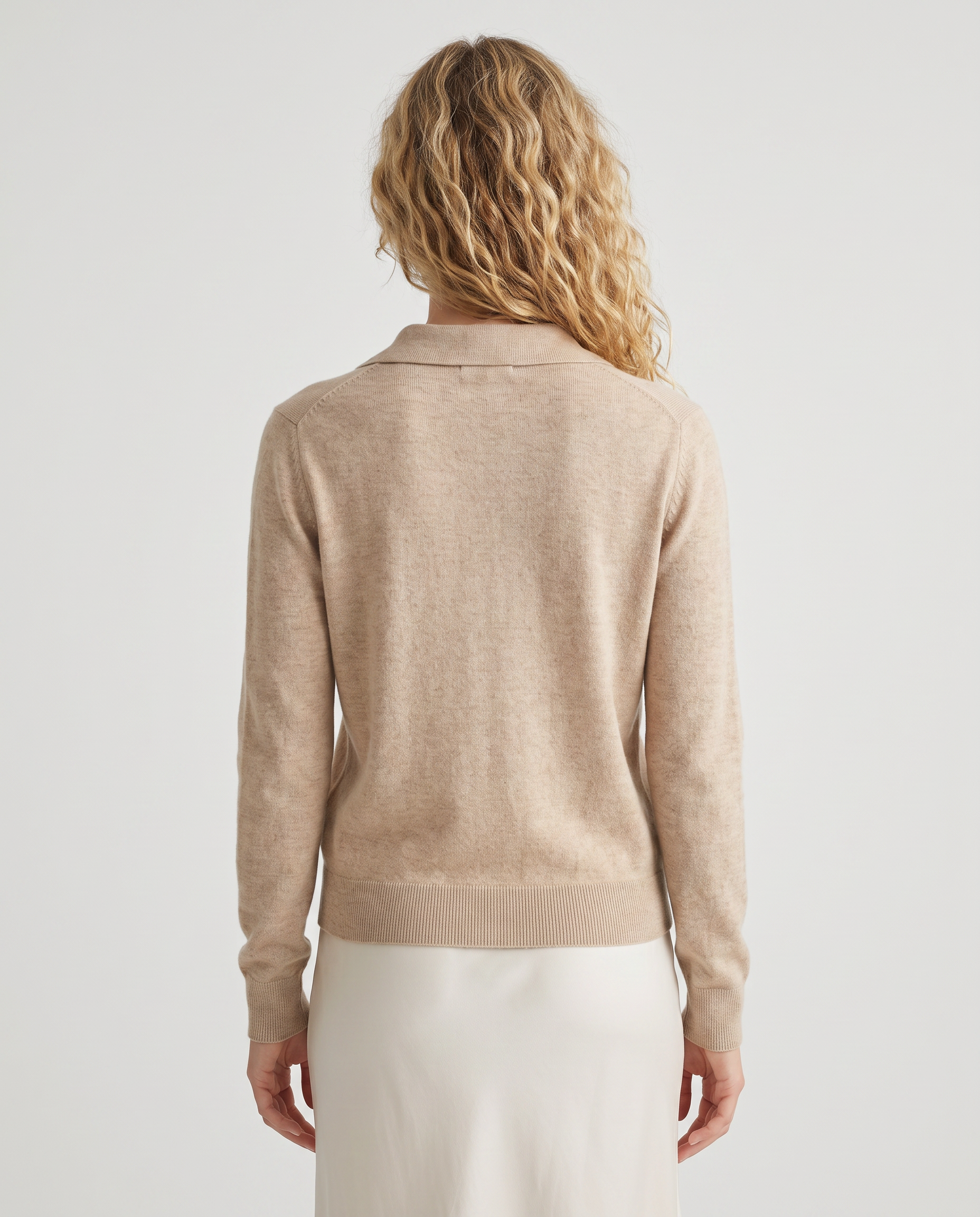 Open-collar button-up knit sweater, back view