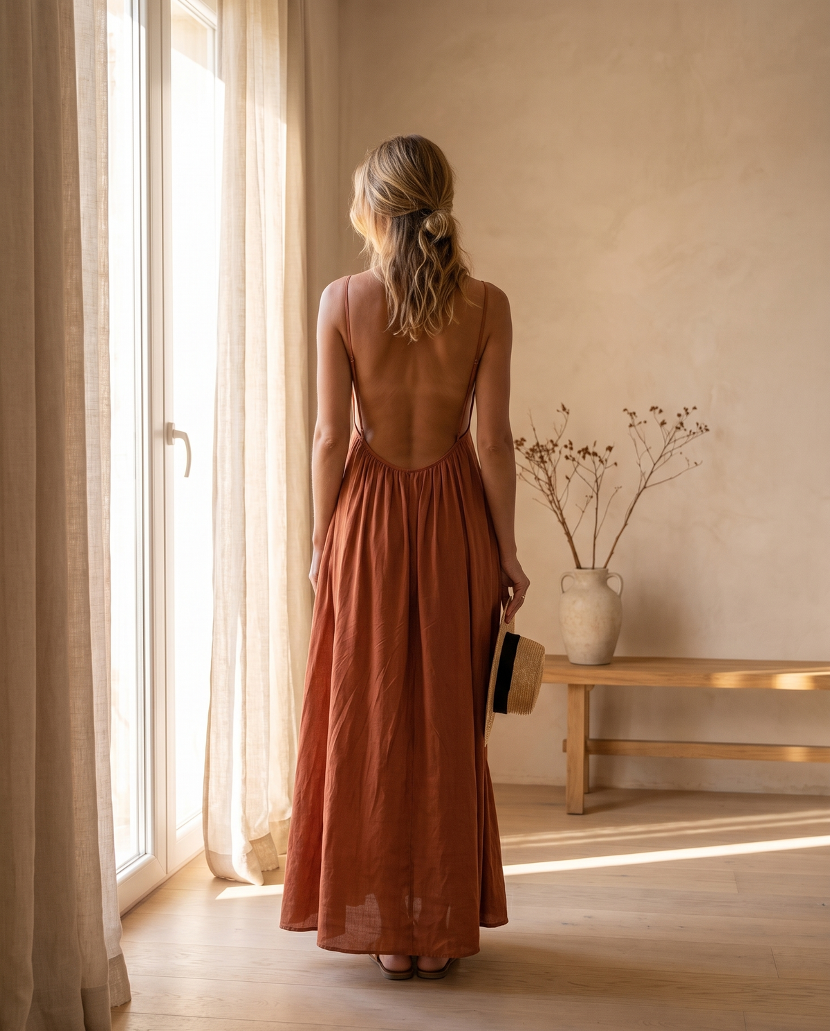 Model wearing solid backless maxi dress, lifestyle