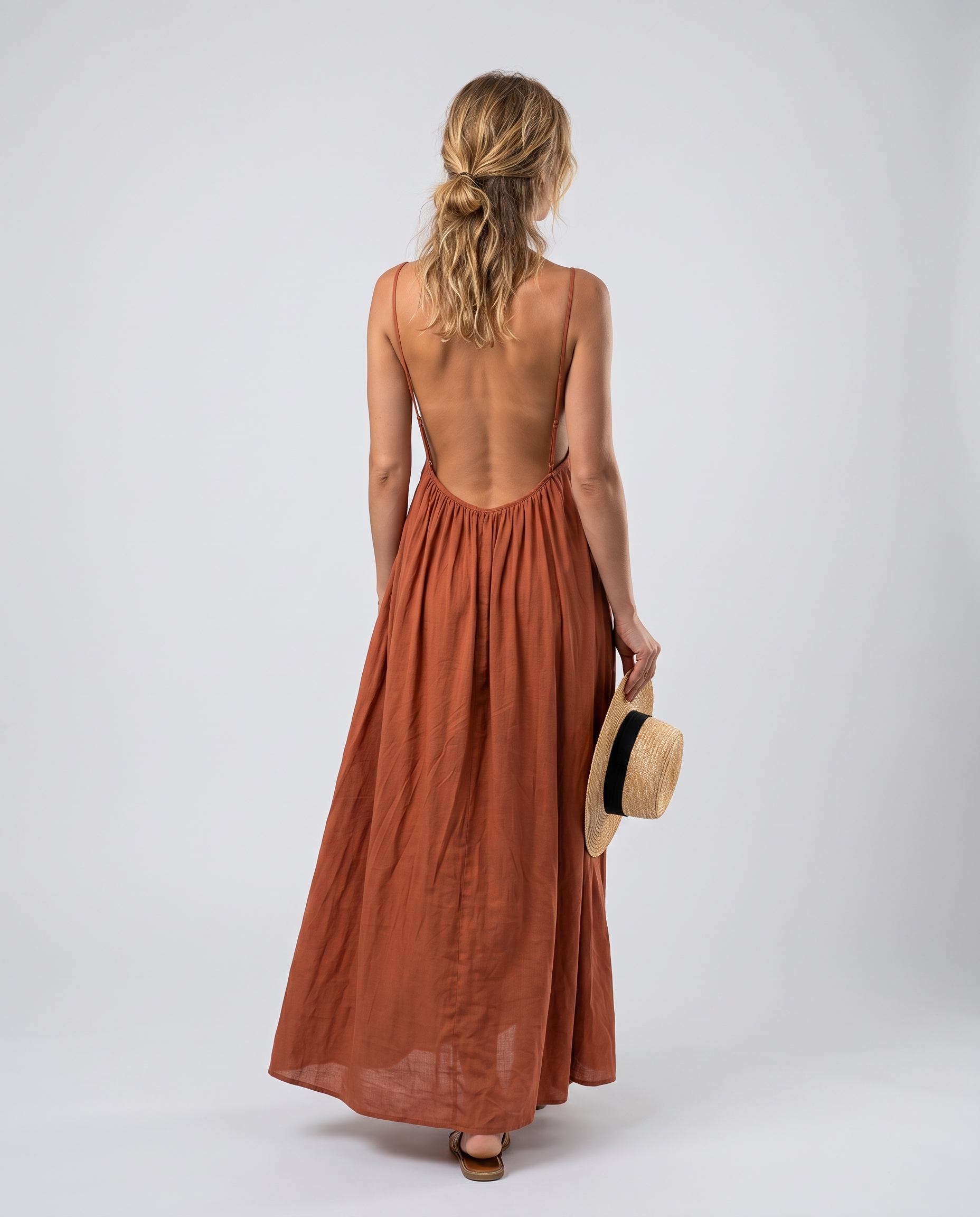 Solid backless maxi dress, back view