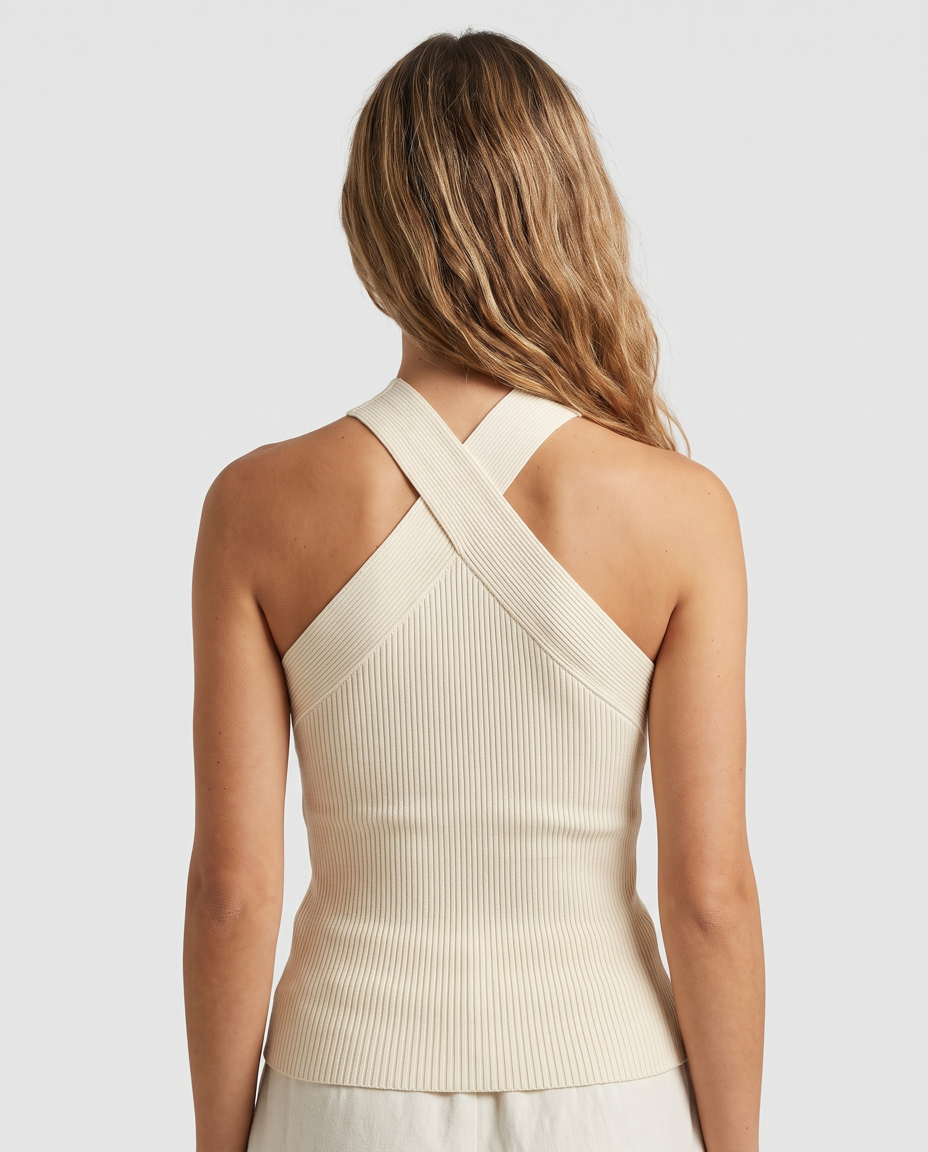 Halter cross-over tank top, back view